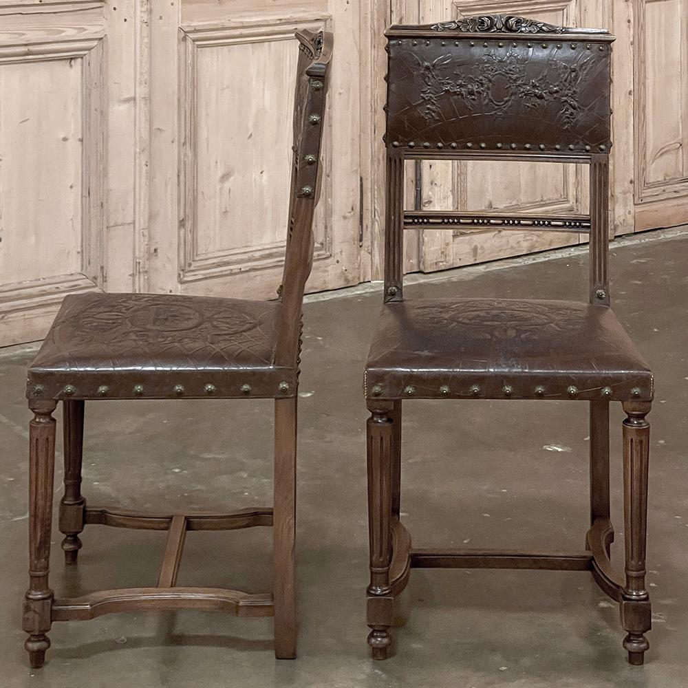 Set of 6 Antique French Walnut Louis XVI Dining Chairs with Embossed Leather For Sale 5