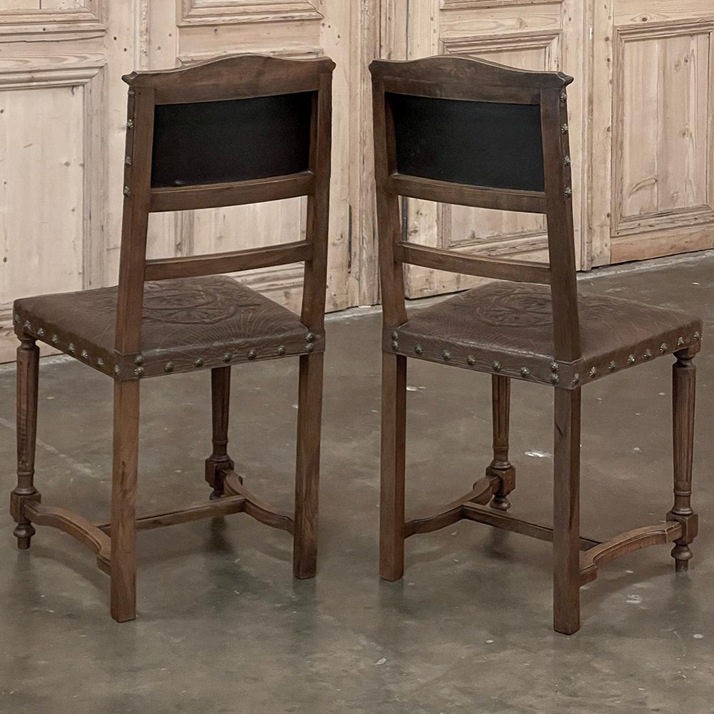 Set of 6 Antique French Walnut Louis XVI Dining Chairs with Embossed Leather For Sale 6