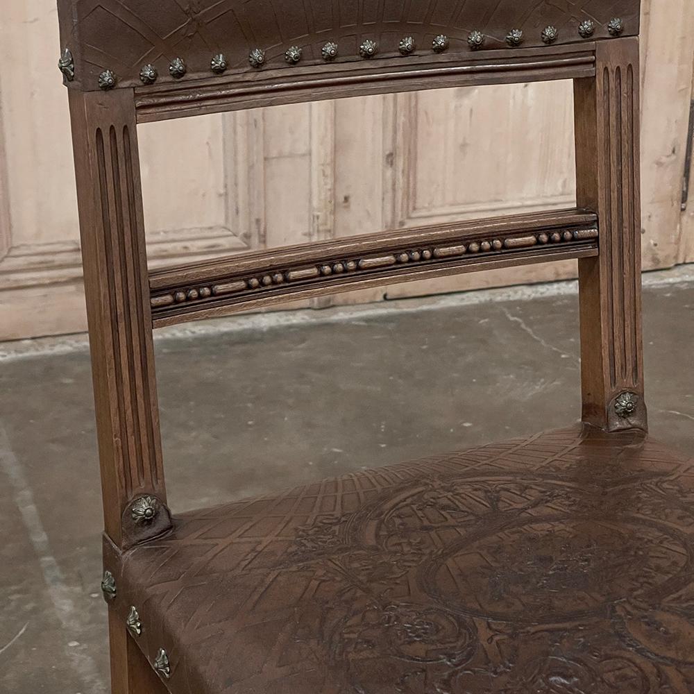 Set of 6 Antique French Walnut Louis XVI Dining Chairs with Embossed Leather For Sale 14