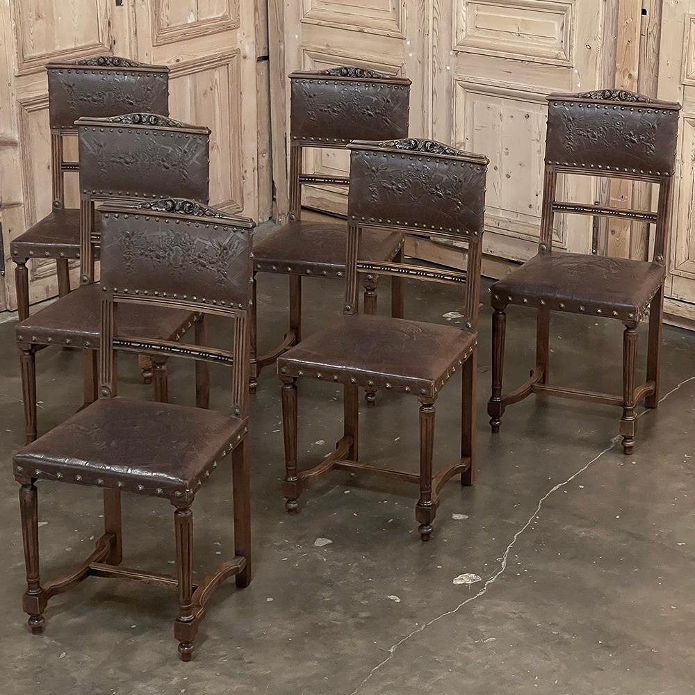 Hand-Crafted Set of 6 Antique French Walnut Louis XVI Dining Chairs with Embossed Leather For Sale