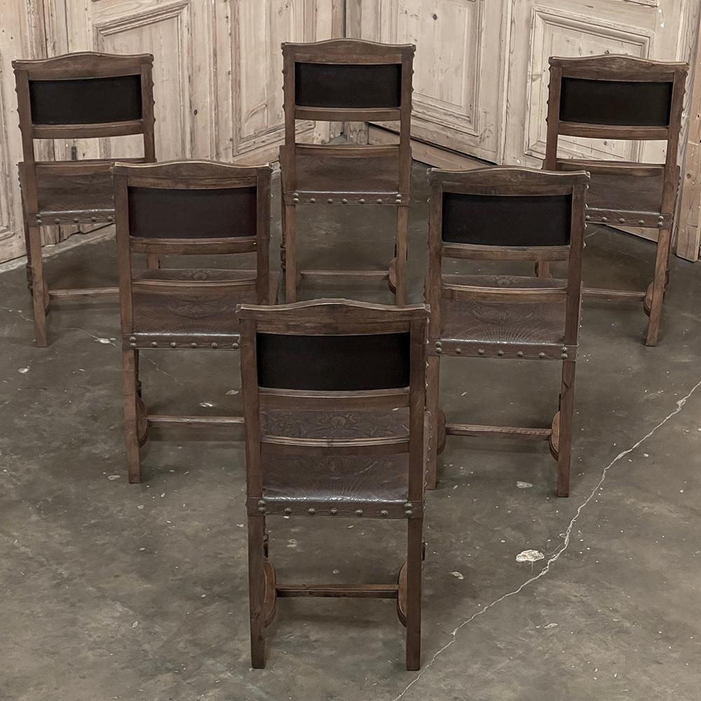 Set of 6 Antique French Walnut Louis XVI Dining Chairs with Embossed Leather In Good Condition For Sale In Dallas, TX