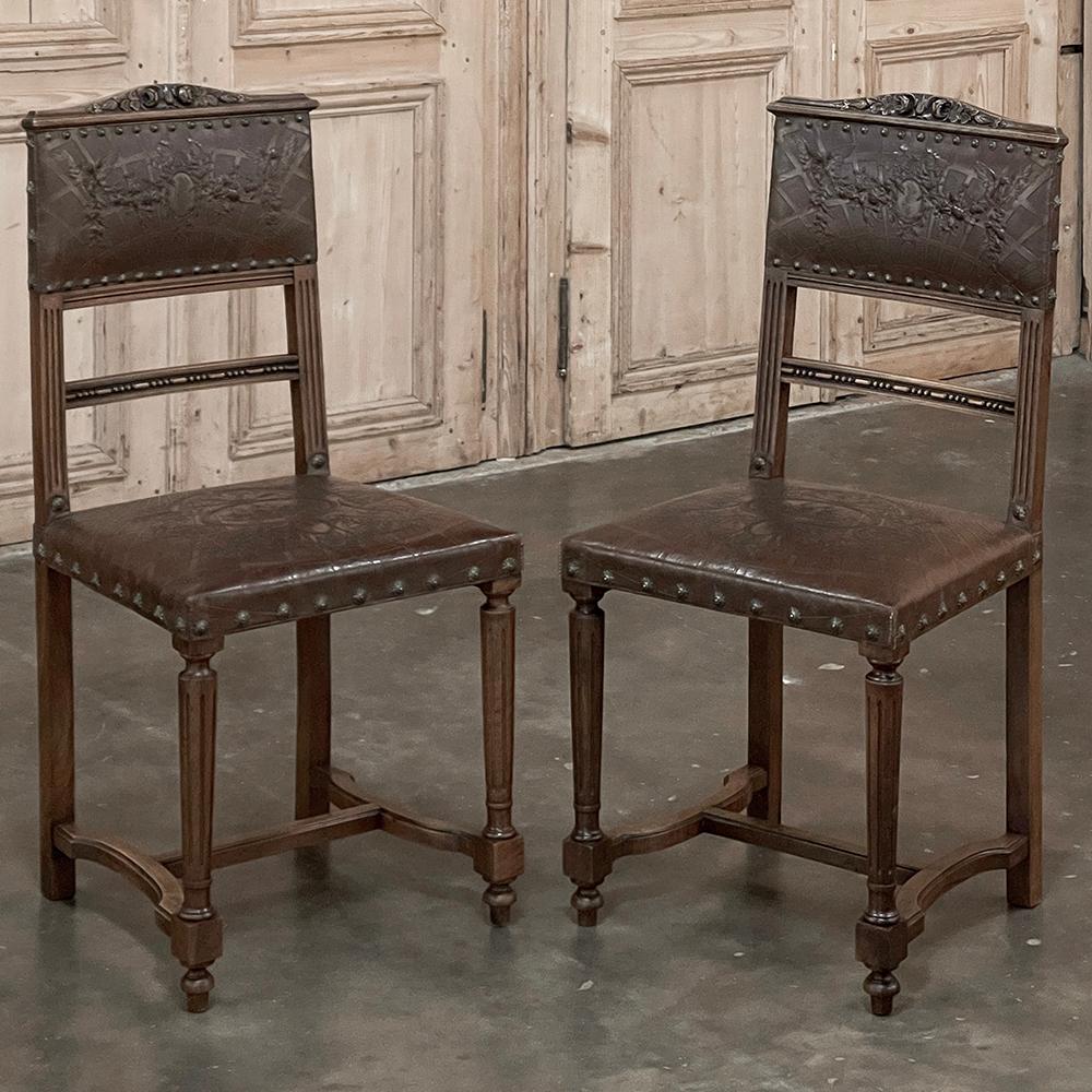 Set of 6 Antique French Walnut Louis XVI Dining Chairs with Embossed Leather For Sale 4