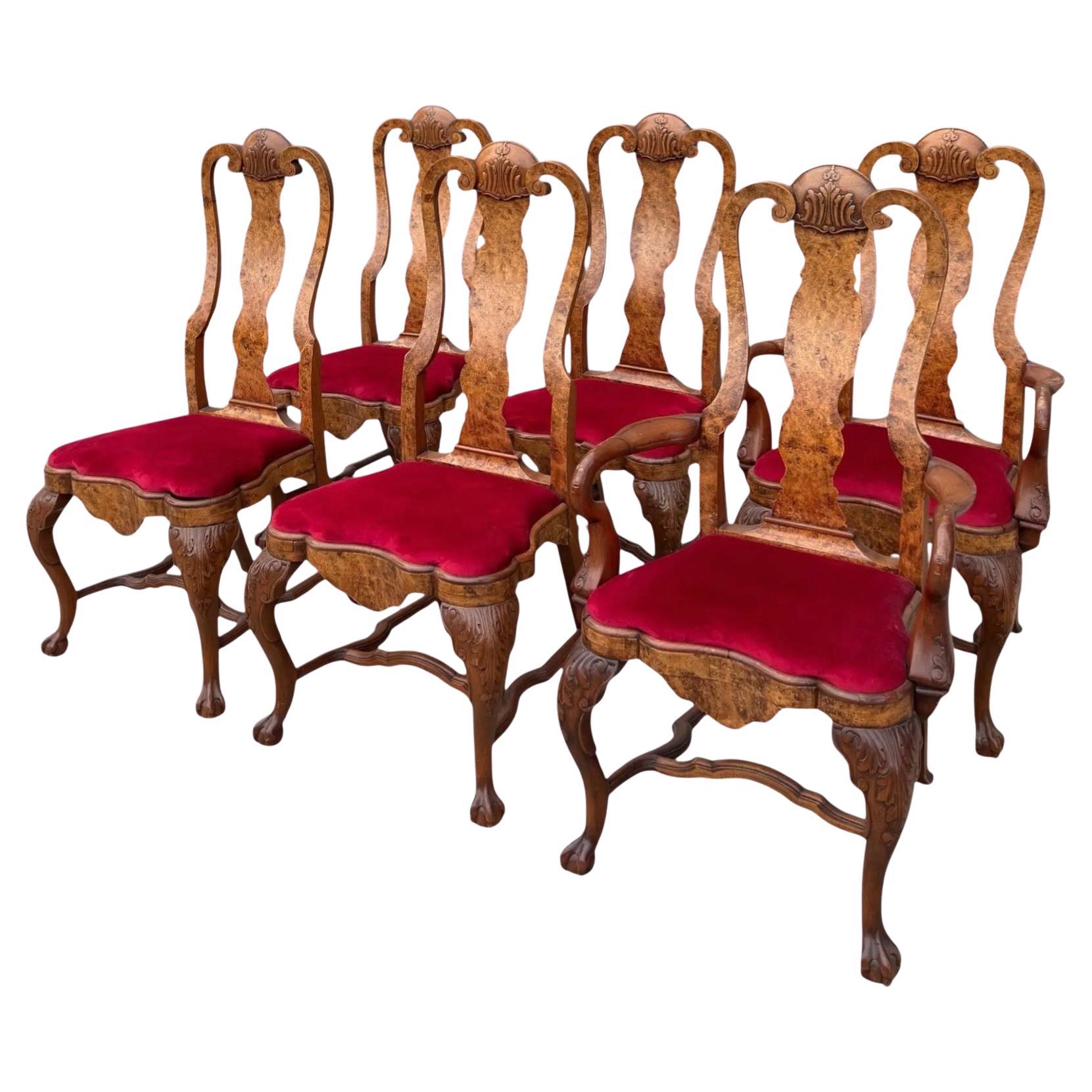 Set of 6 Antique George I Style Burl Walnut Dining Chairs For Sale