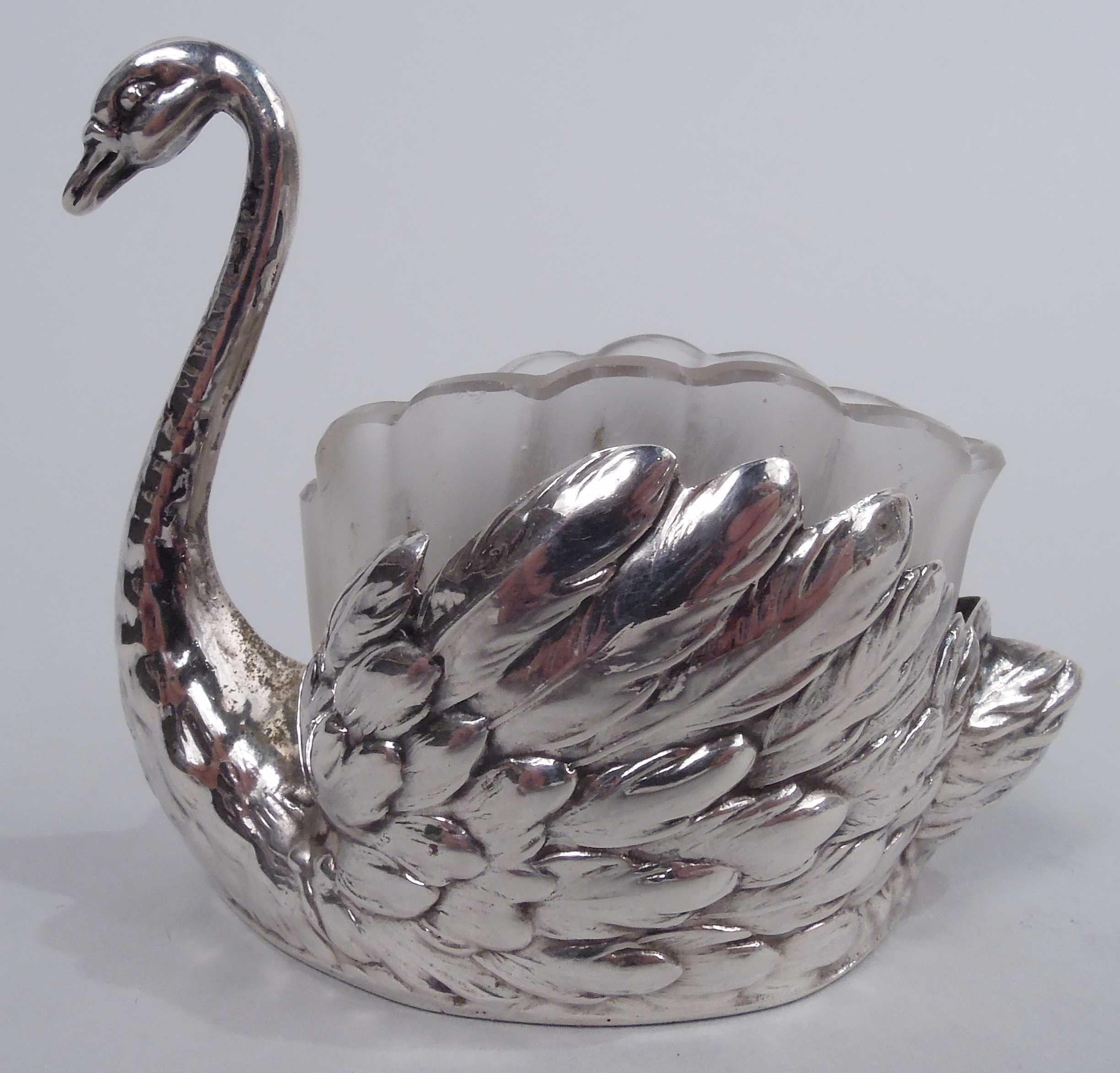 Set of 6 German 800 silver figural open salts, ca 1920. Each: A swan with erect neck and down-turned bill and pointy tail; body hollow. With fluted and scalloped frosted glass liner. Fully marked including maker’s stamp attributable to Martin Mayer.