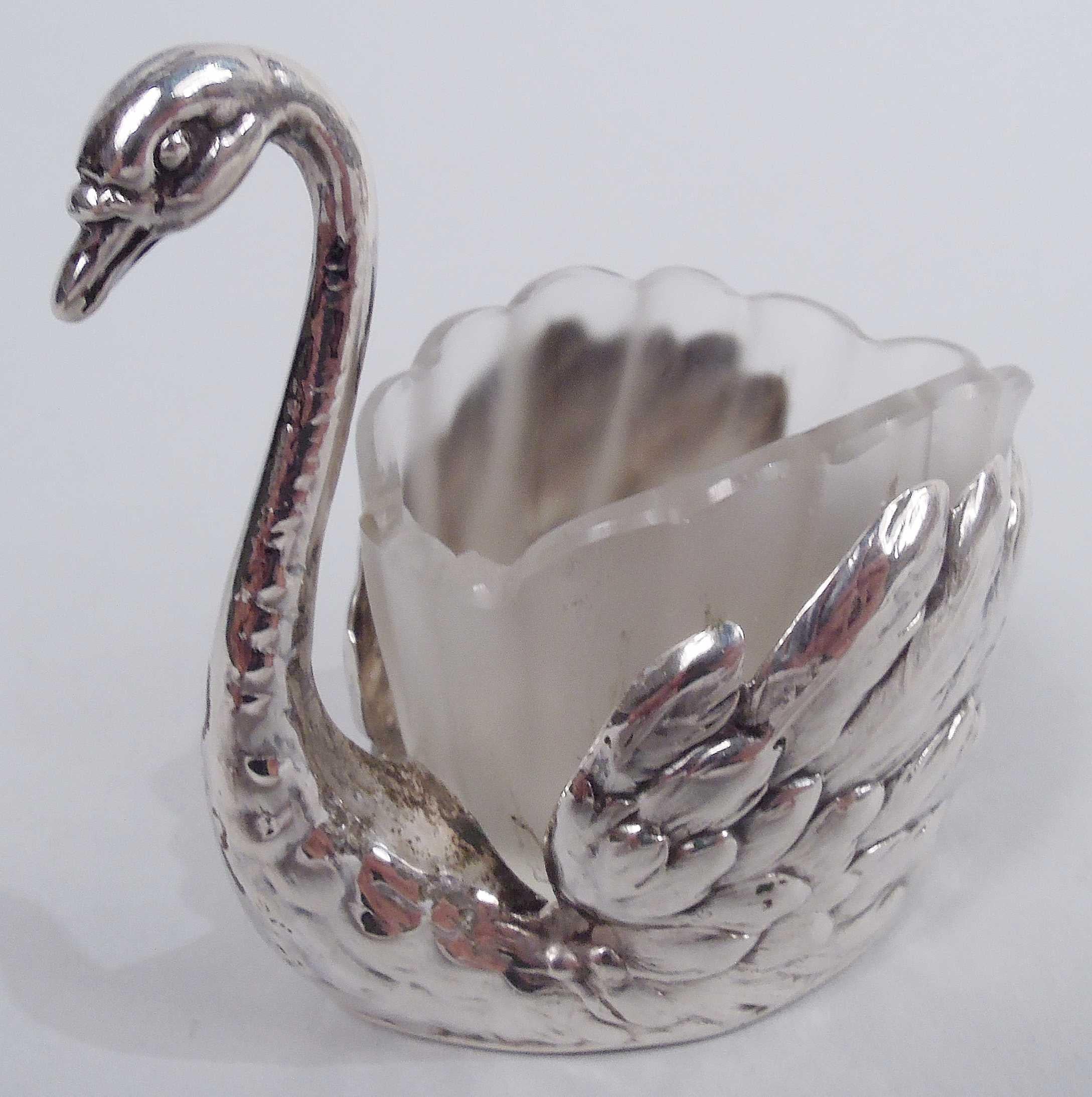 Edwardian Set of 6 Antique German Silver Swan Bird Salts with Glass Liners For Sale