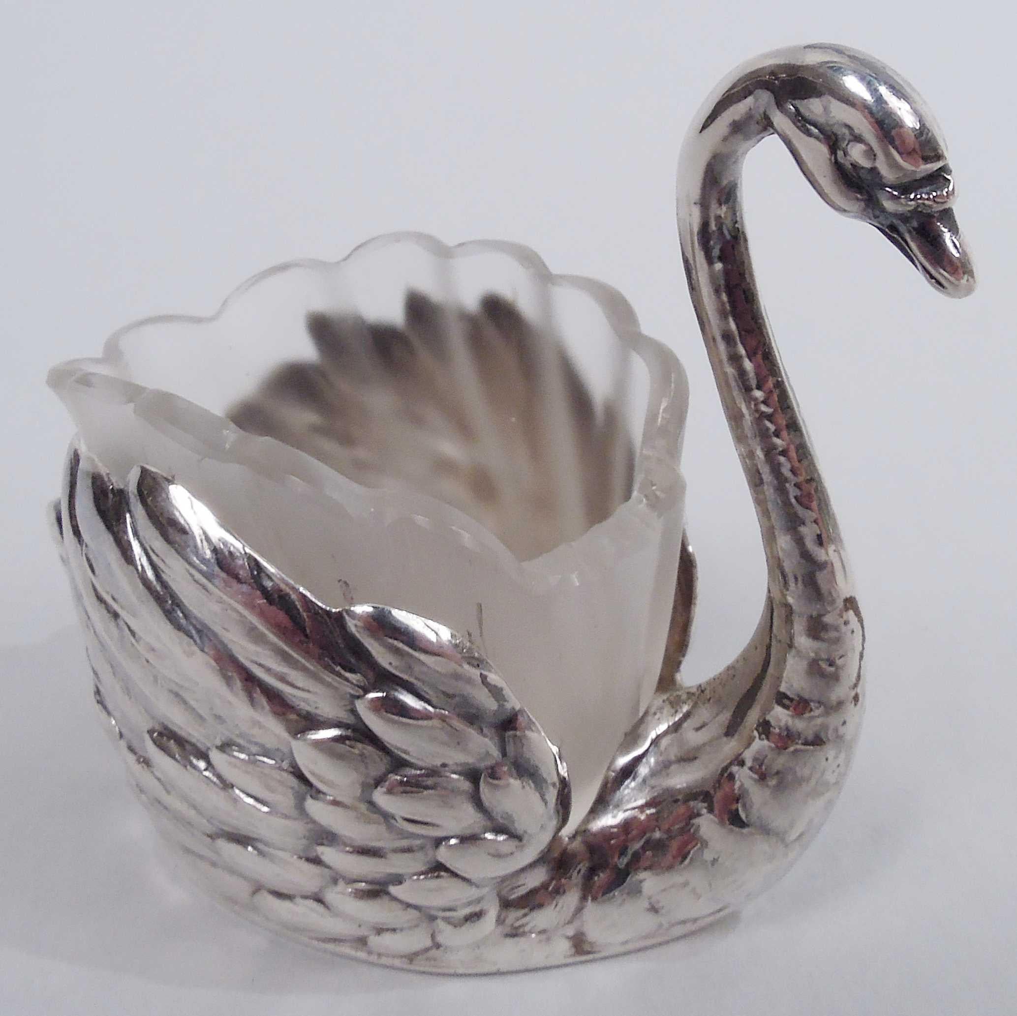 Allemand Ensemble de 6 sels de table en argent Antique Swan Silver avec couvercles en verre en vente