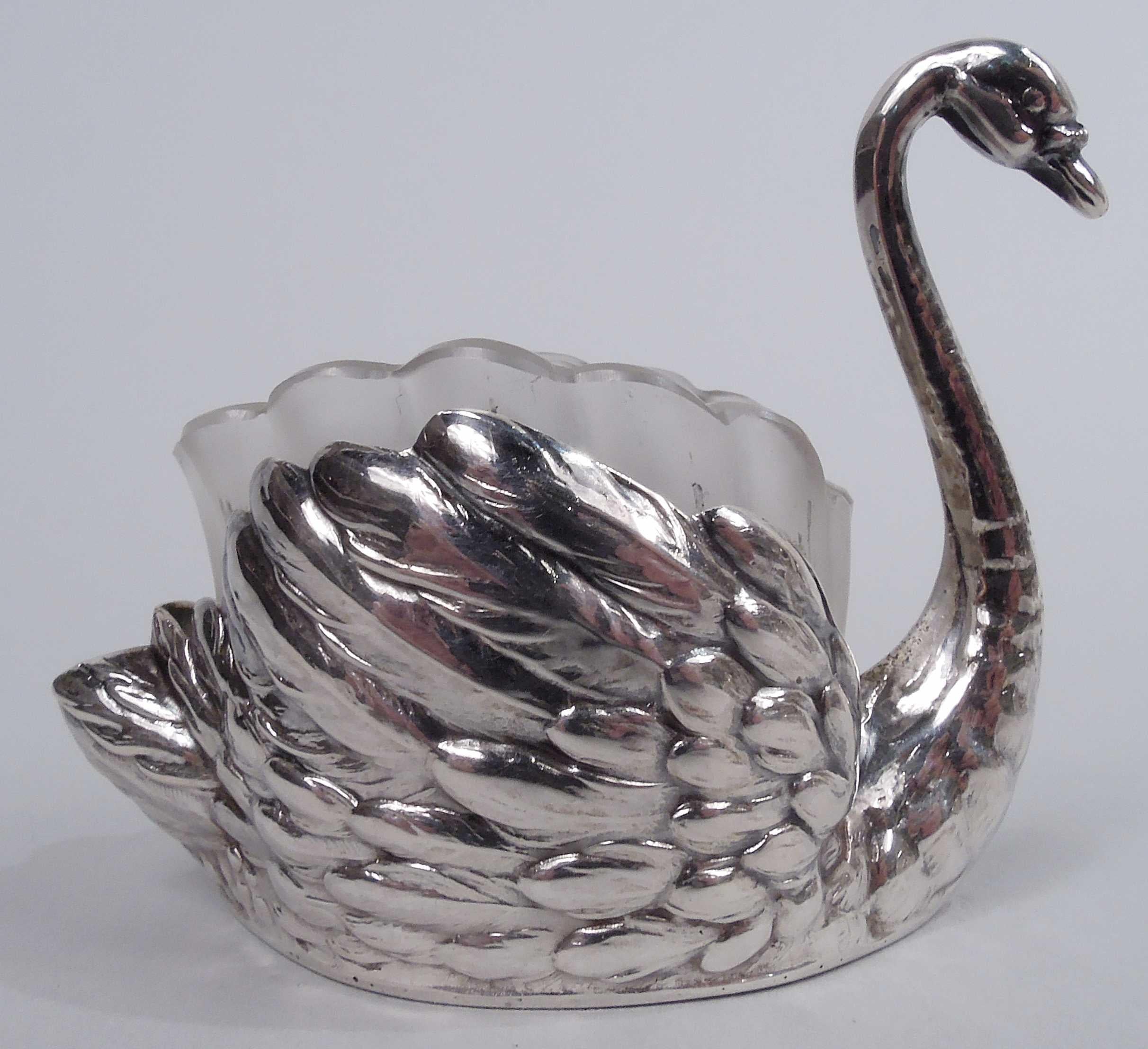 20th Century Set of 6 Antique German Silver Swan Bird Salts with Glass Liners For Sale