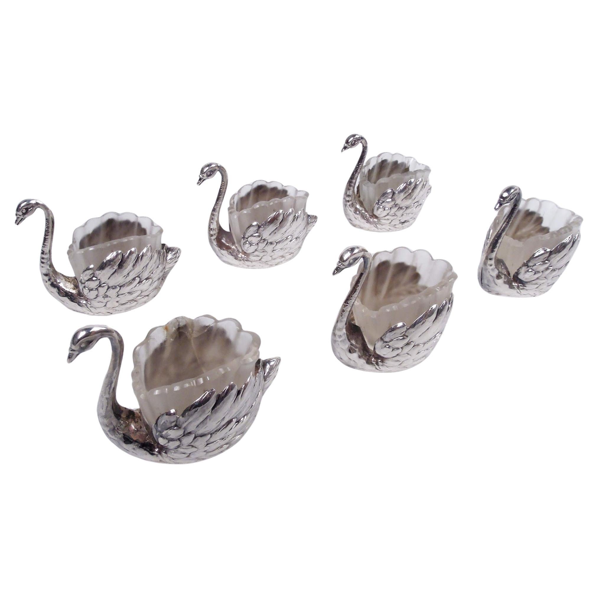 Set of 6 Antique German Silver Swan Bird Salts with Glass Liners