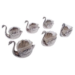 Set of 6 Antique German Silver Swan Bird Salts with Glass Liners