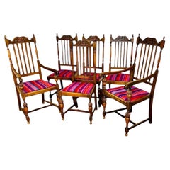 Set of 6 Antique Hand Carved Oak Upholstered Dining Chairs Mid 19th Century