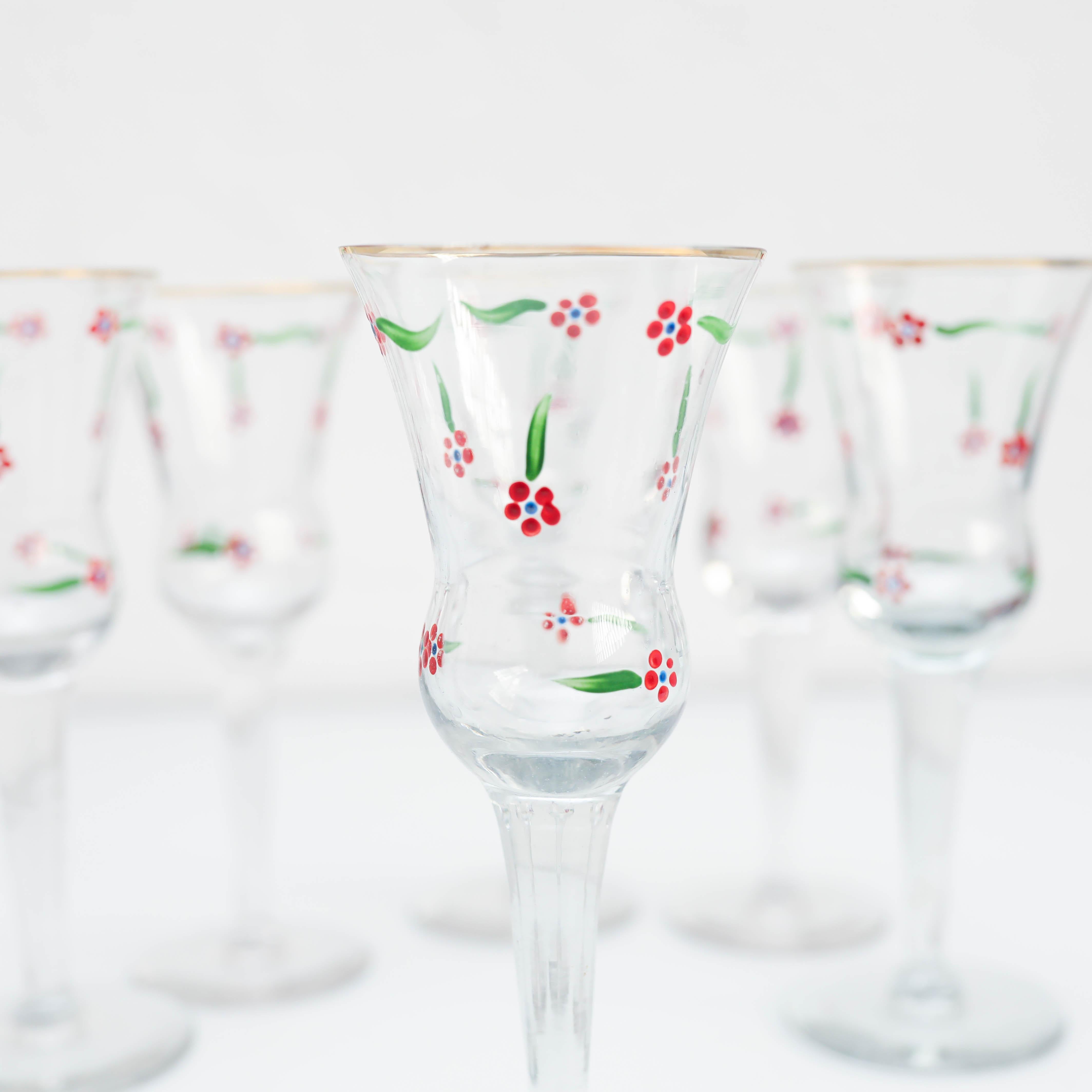  Set of 6 Antique hand painted Glass Wine Cups and Glass Vase, circa 1940 For Sale 5