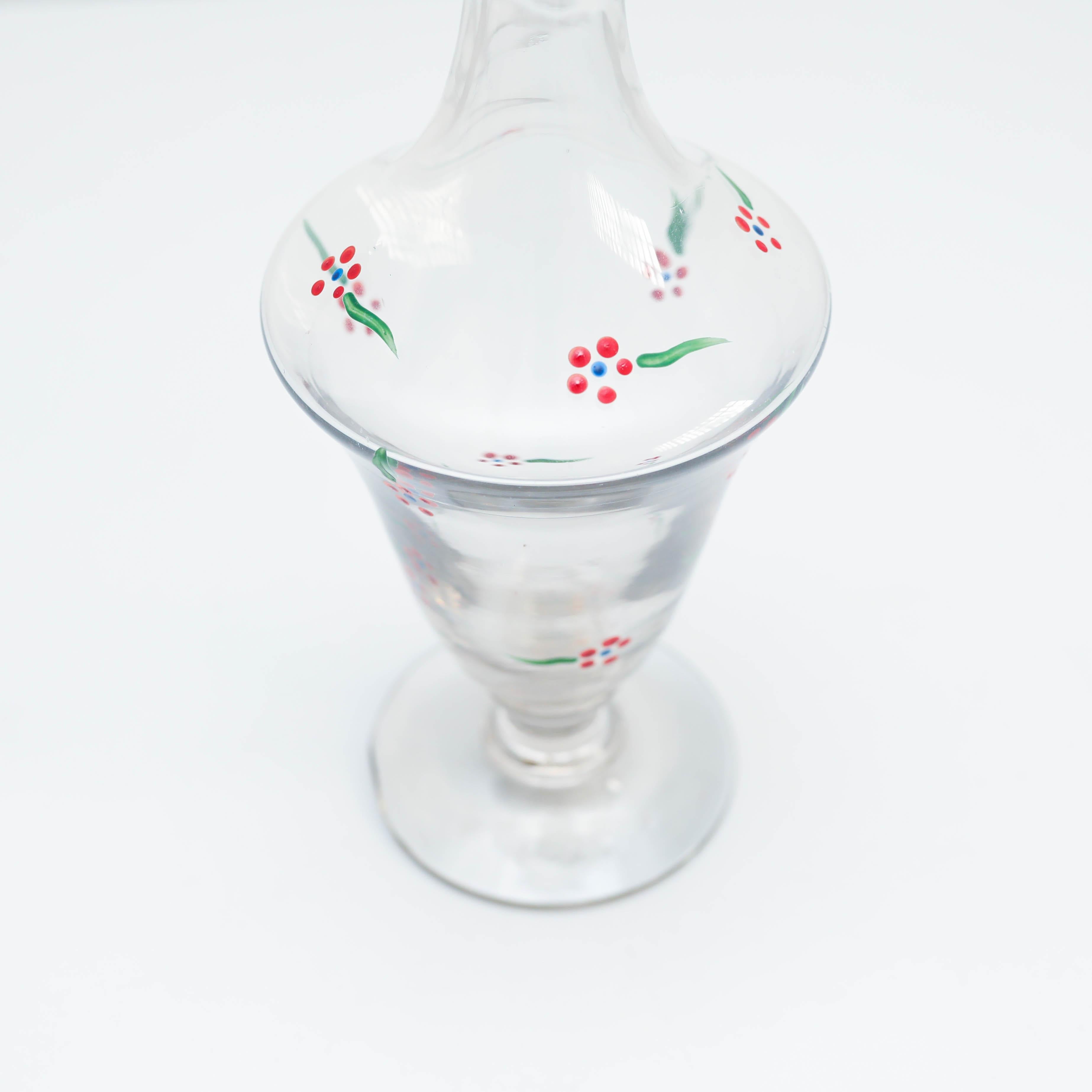  Set of 6 Antique hand painted Glass Wine Cups and Glass Vase, circa 1940 For Sale 7
