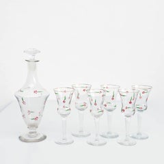 Set of 6 Antique hand painted Glass Wine Cups and Glass Vase, circa 1940