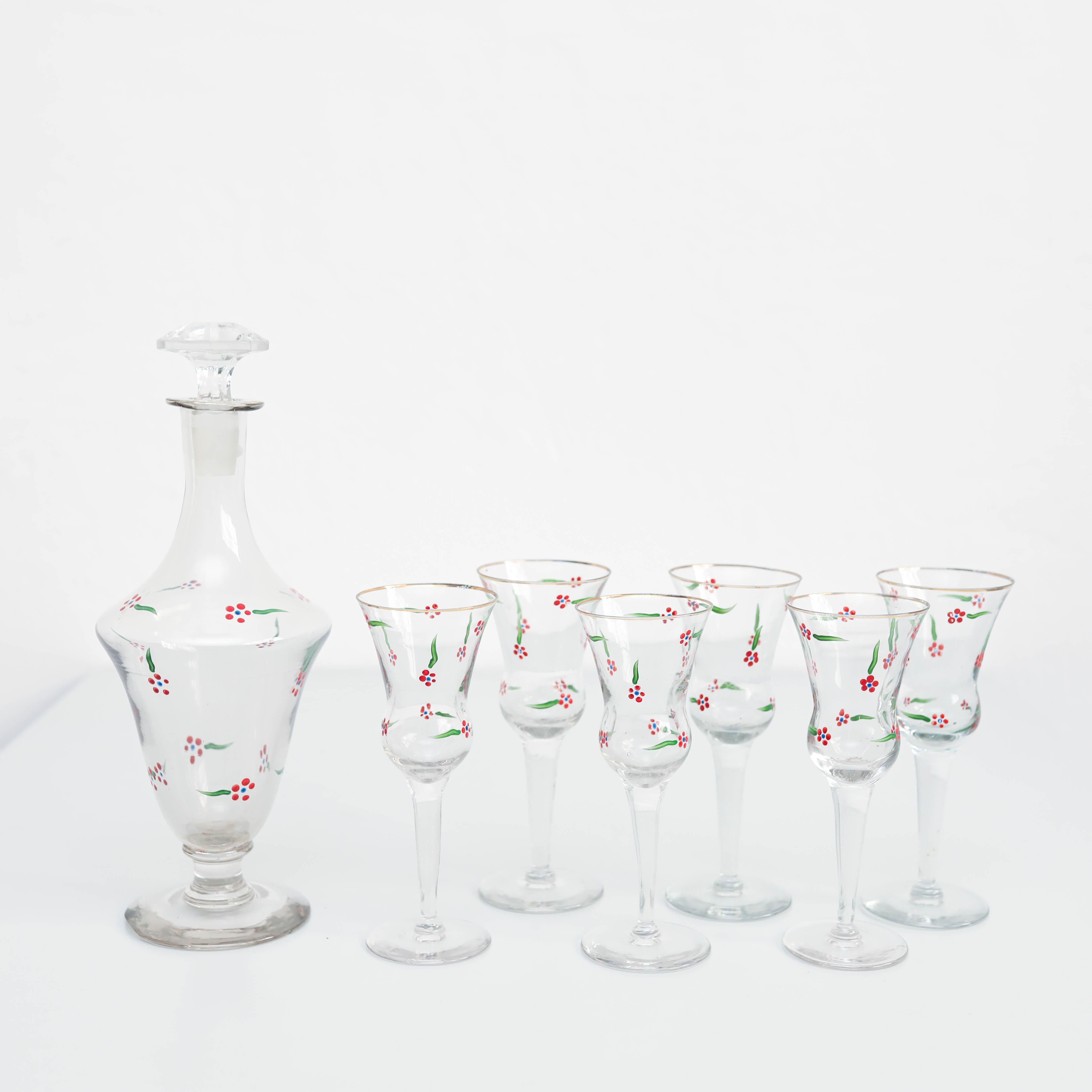 Mid-Century Modern  Set of 6 Antique hand painted Glass Wine Cups and Glass Vase, circa 1940 For Sale