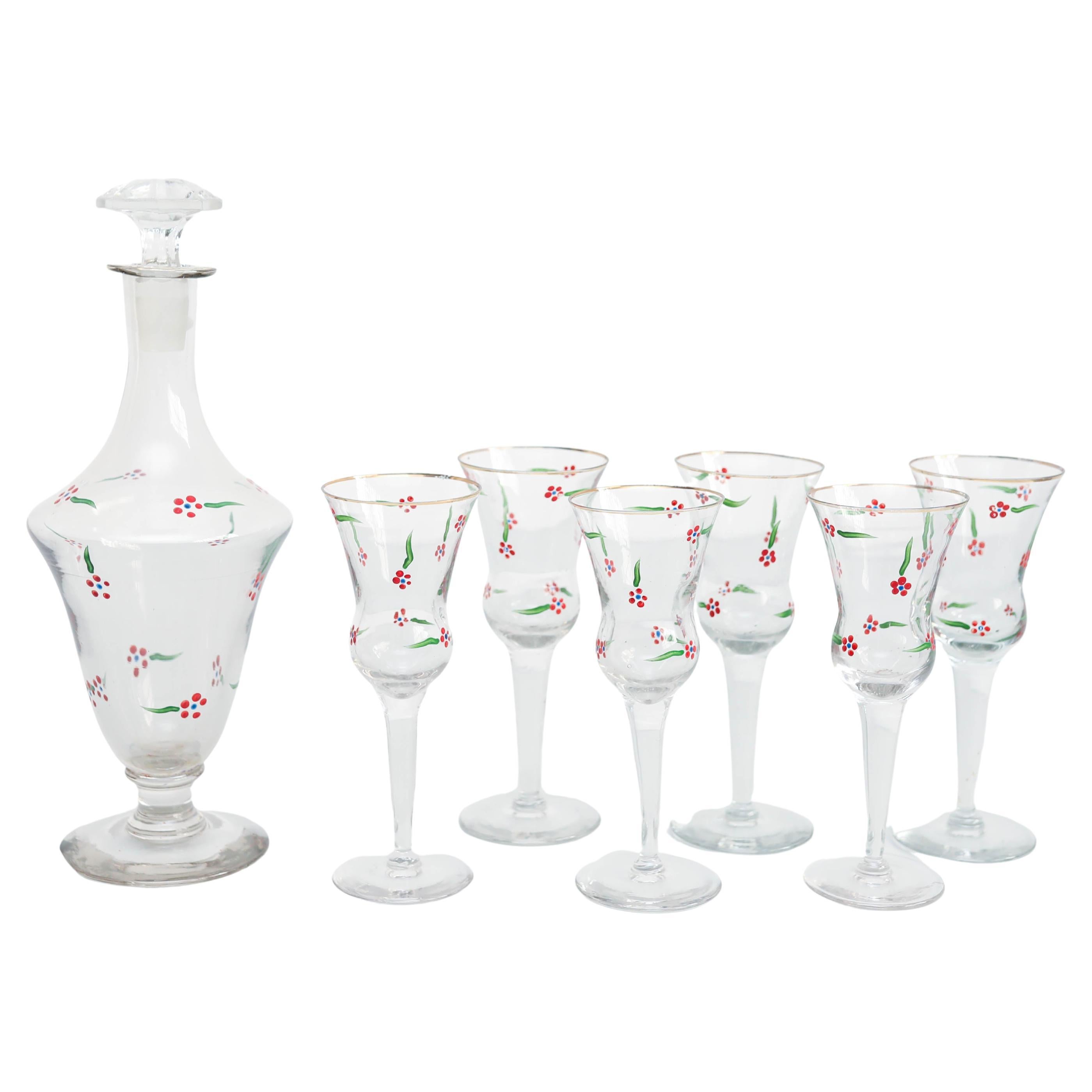  Set von 6 antiken, handbemalten Glas-Weingläsern und Glasvase, um 1940 im Angebot