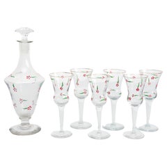  Set of 6 Antique hand painted Glass Wine Cups and Glass Vase, circa 1940
