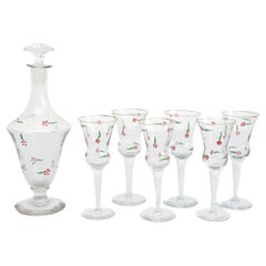 Ensemble de 6 tasses à vin et vase en verre peints à la main, datant d'environ 1940