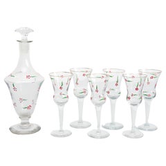  Set von 6 antiken, handbemalten Glas-Weingläsern und Glasvase, um 1940