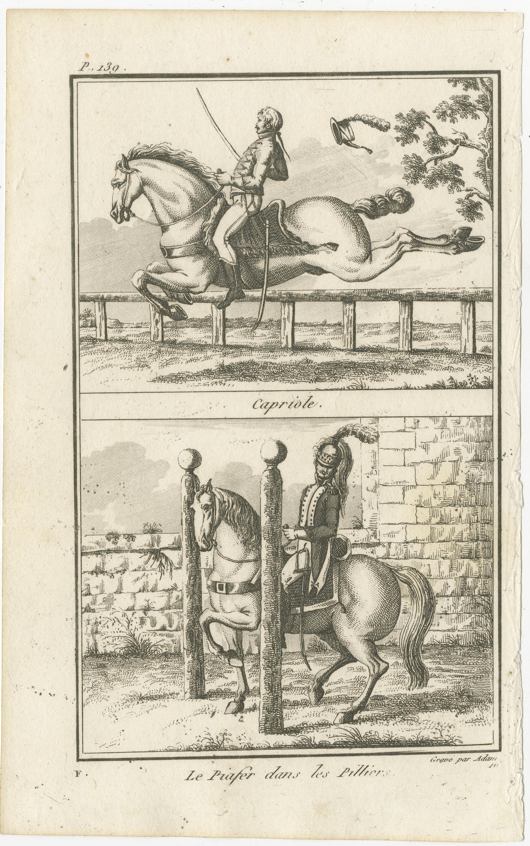 Set of six horse riding prints including Le Pas, Capriole, Balotade, Mezair, Le Passage, Courbette and many more. Two images on one sheet, each with a rider on horseback performing the specific riding figure. These prints originate from 'École de