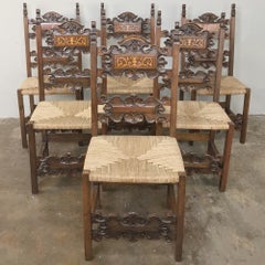 Set of 6 Antique Italian Baroque Inlaid Walnut Dining Chairs