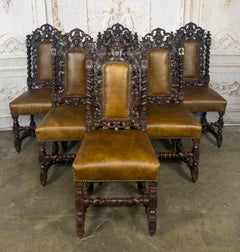Set of 6 Antique Jacobean Hunt Chairs in Heavily Carved Oak with Cognac Leather
