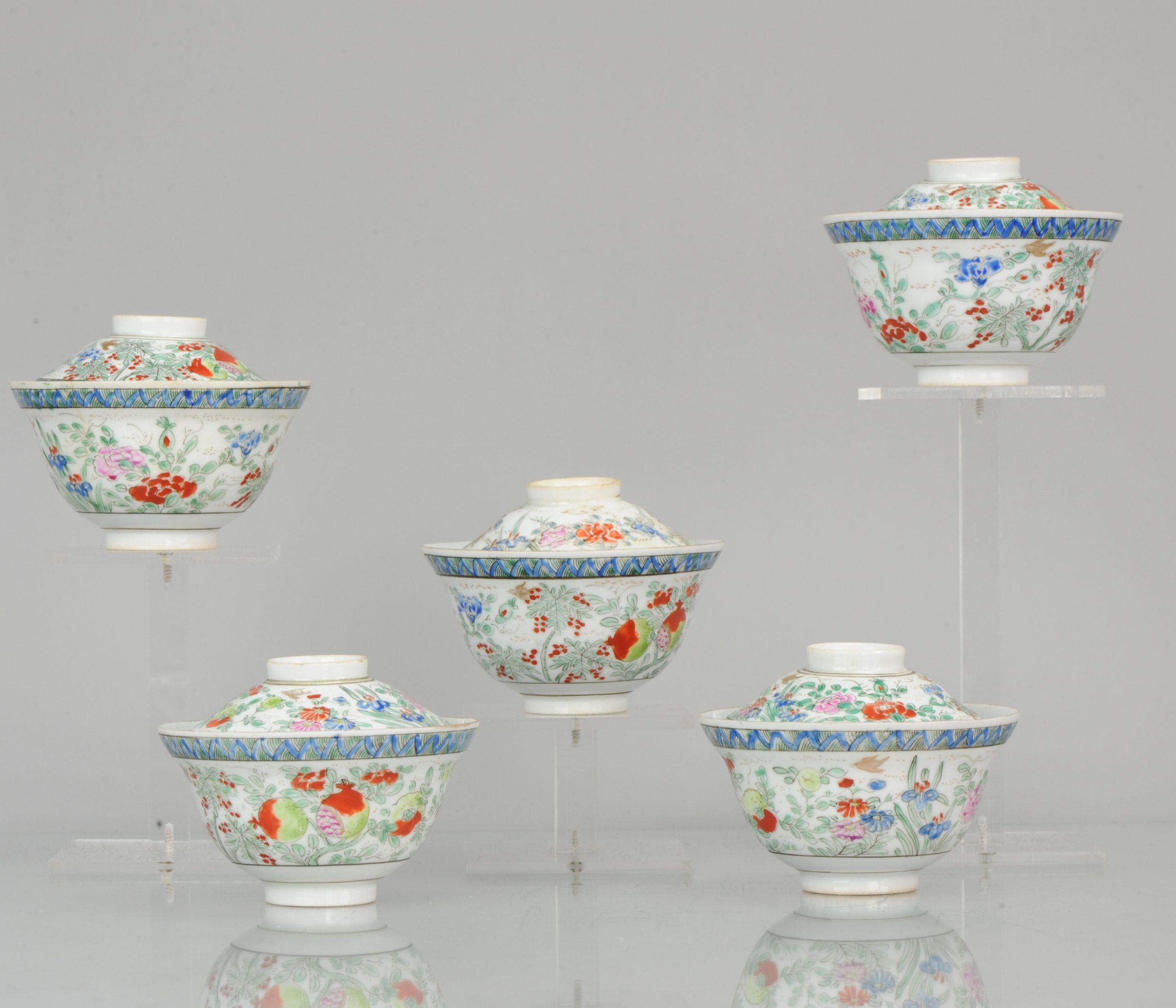 A very nice set of 6 tea bowls with saucer decorated with flowers and pommegranat. They are marked on the base. Decoration for the SE Asian market. Straits style.

Additional information:
Material: Porcelain & Pottery
Region of Origin: Japan
Period: