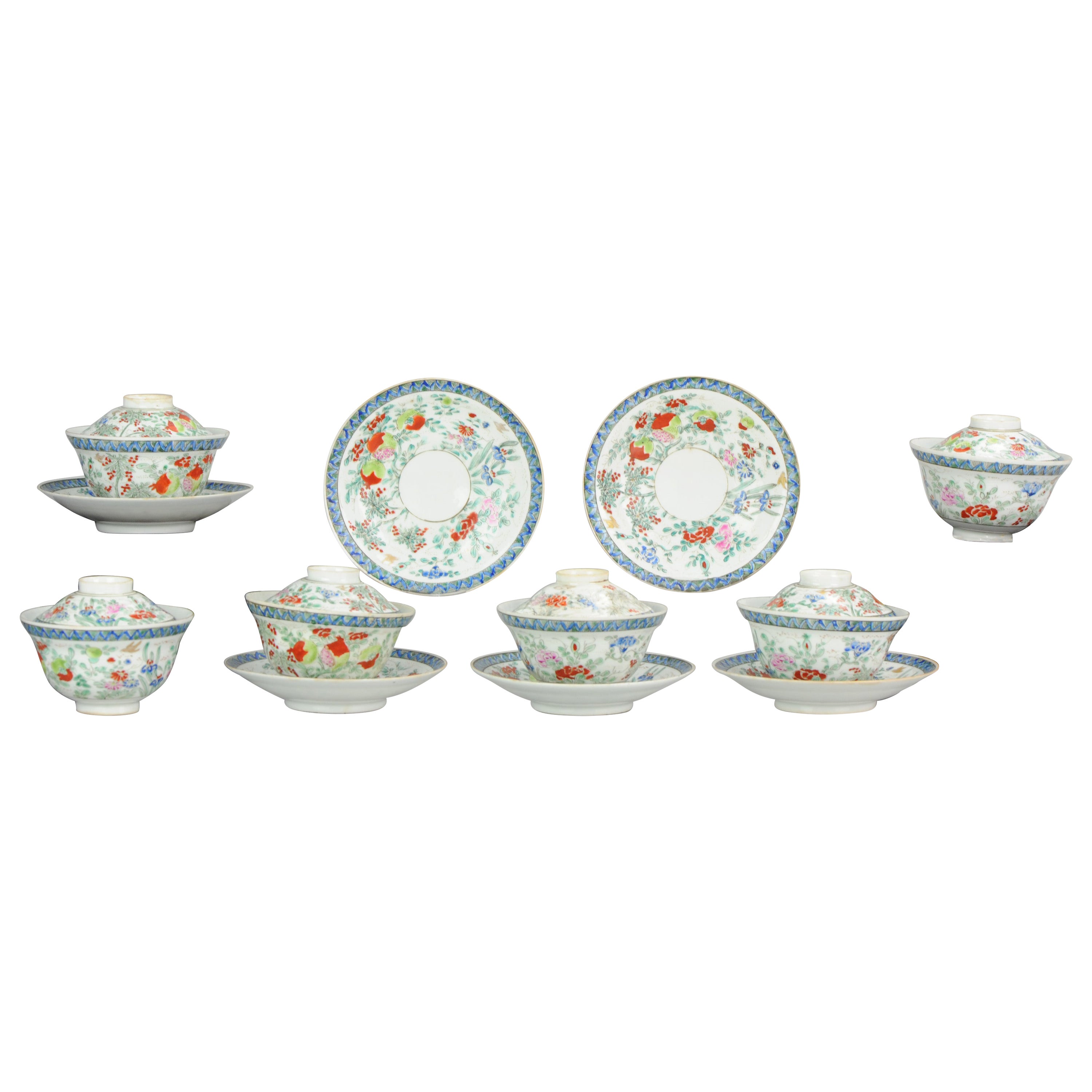 Set di 6 antiche ciotole da tè giapponesi Meiji in porcellana Straits Ennamels Eggshell