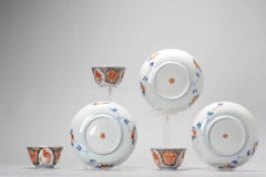 Set of 6 Antique Japanese Porcelain Edo Period Tea Bowl & Dish Floral Bird Imari