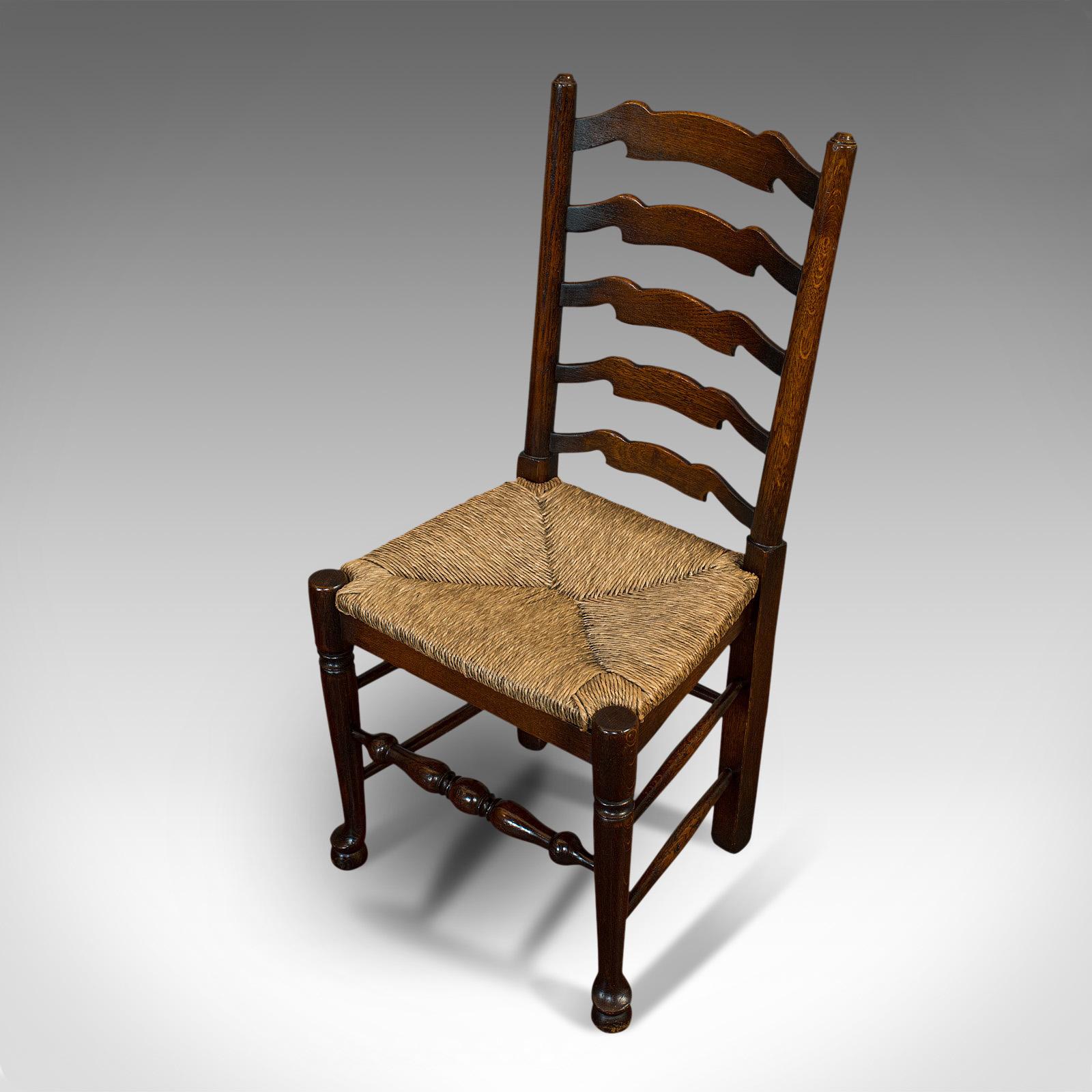 Set of 6, Antique Ladderback Dining Chairs, Oak, Rush Seat, Carver, Edwardian 2