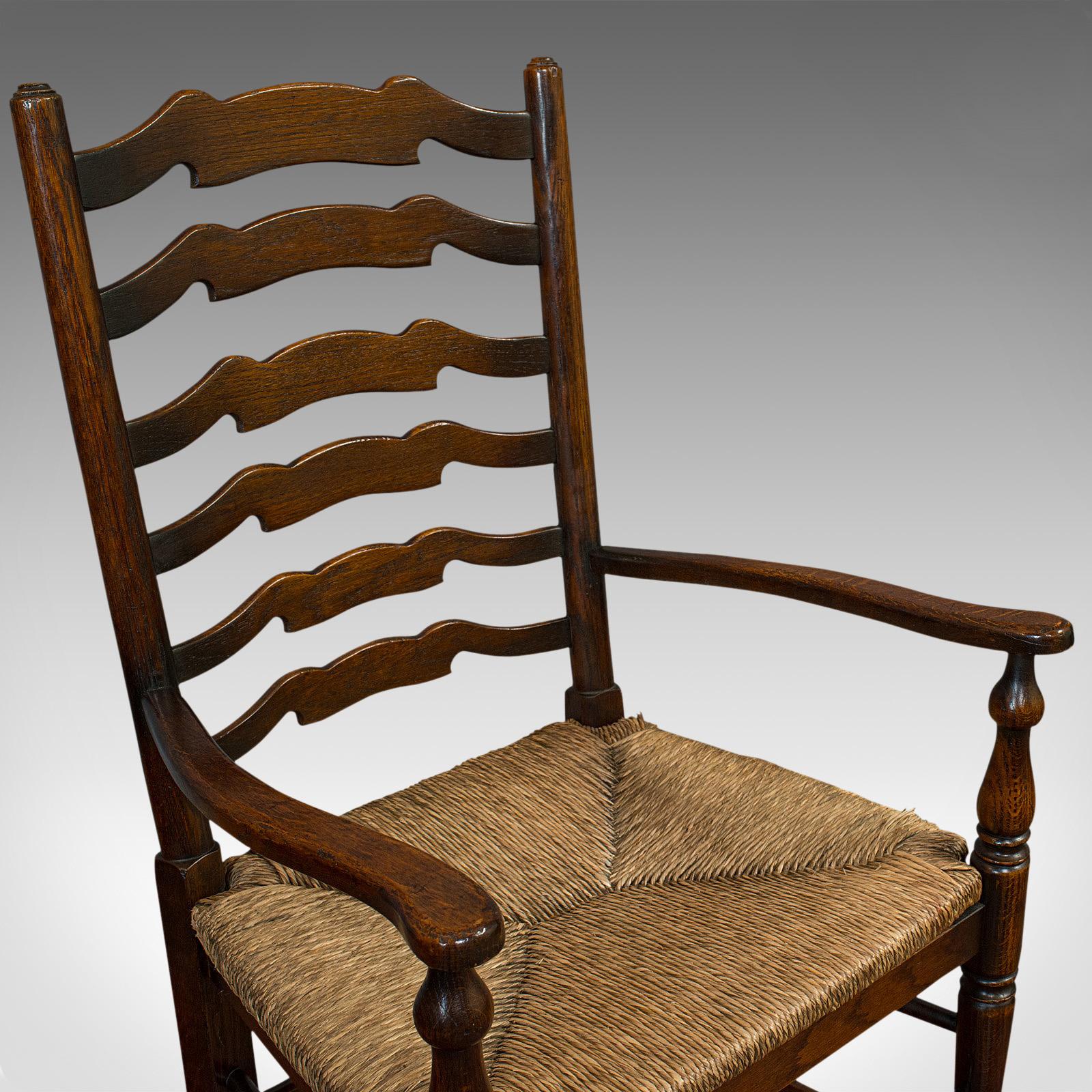 Set of 6, Antique Ladderback Dining Chairs, Oak, Rush Seat, Carver, Edwardian 3