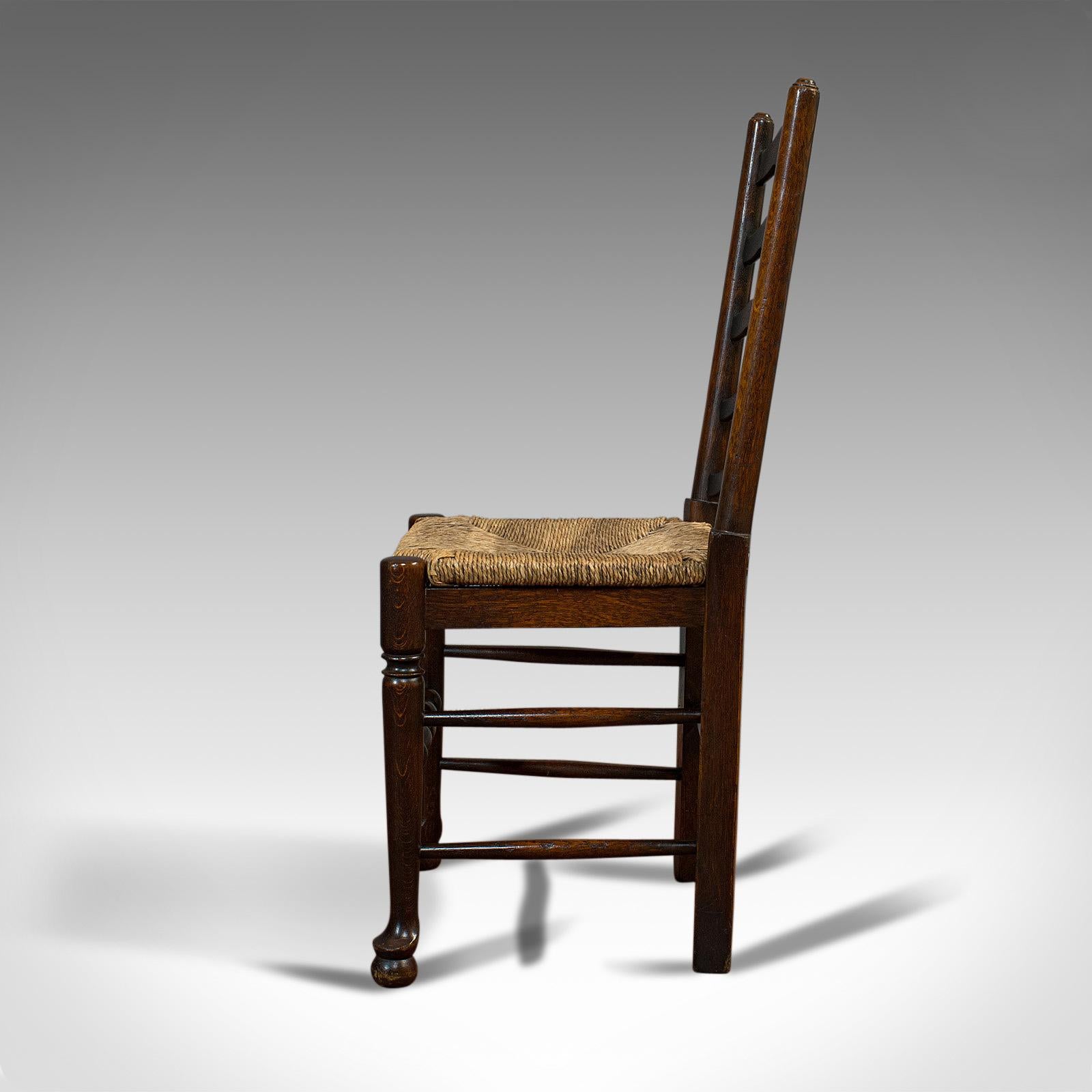 British Set of 6, Antique Ladderback Dining Chairs, Oak, Rush Seat, Carver, Edwardian