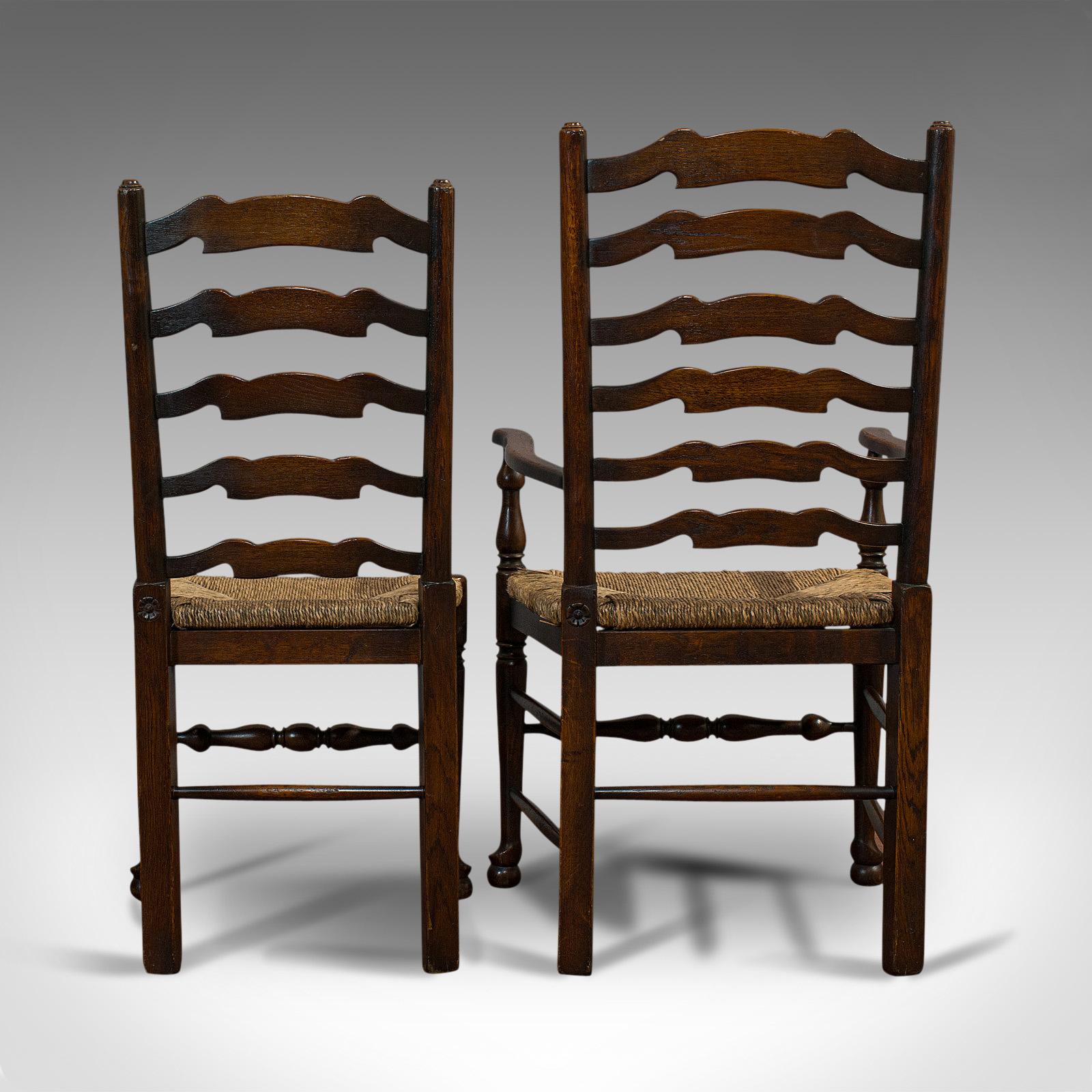 Early 20th Century Set of 6, Antique Ladderback Dining Chairs, Oak, Rush Seat, Carver, Edwardian
