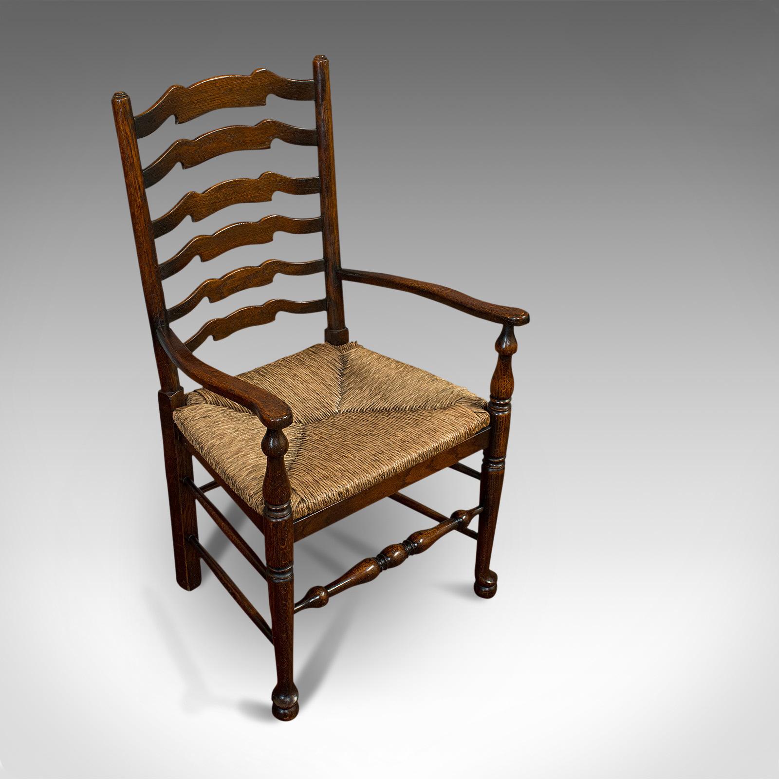 Set of 6, Antique Ladderback Dining Chairs, Oak, Rush Seat, Carver, Edwardian 1