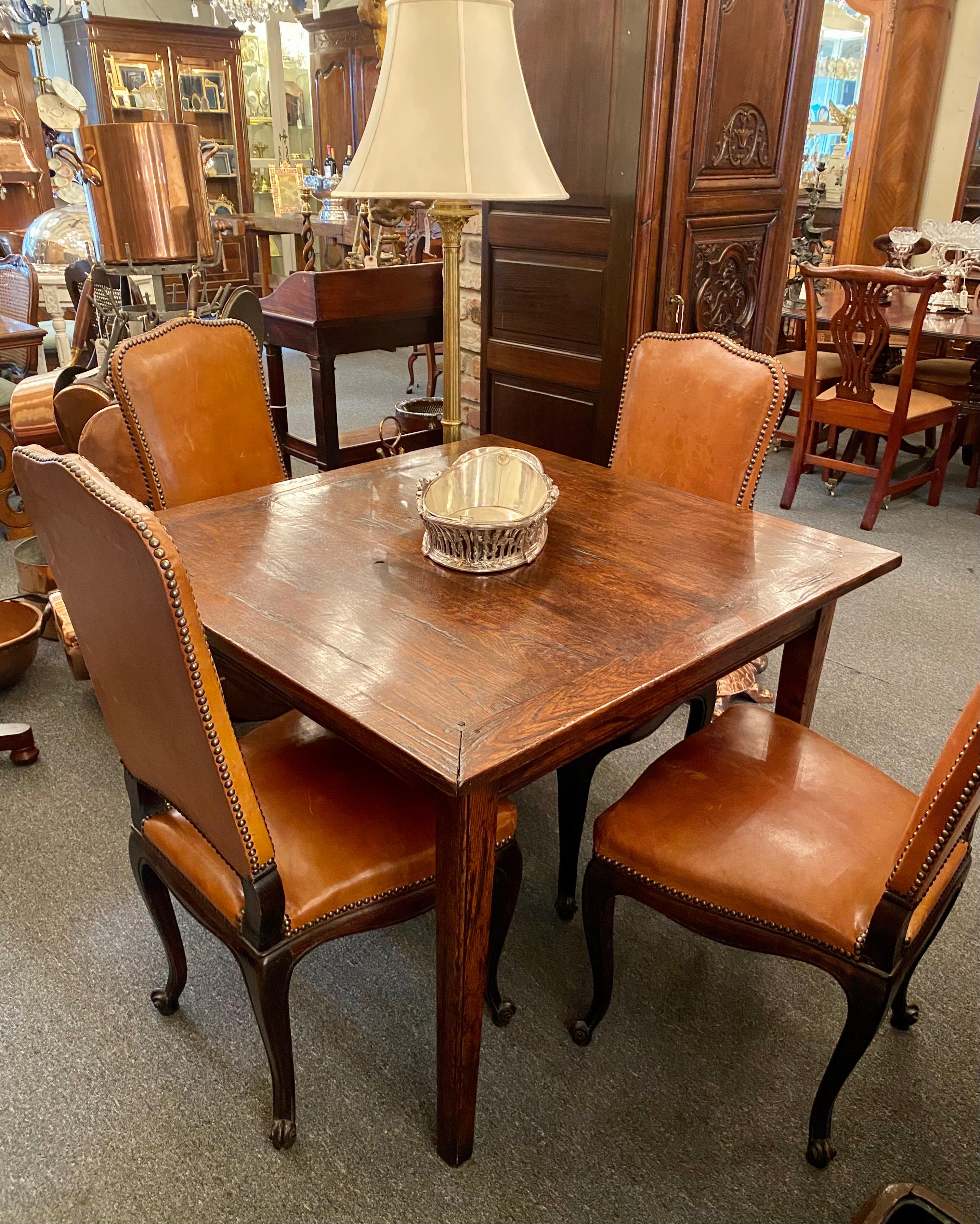 19th Century Set of 6 Antique Leather Dining Chairs with Grommets, Circa 1890-1910