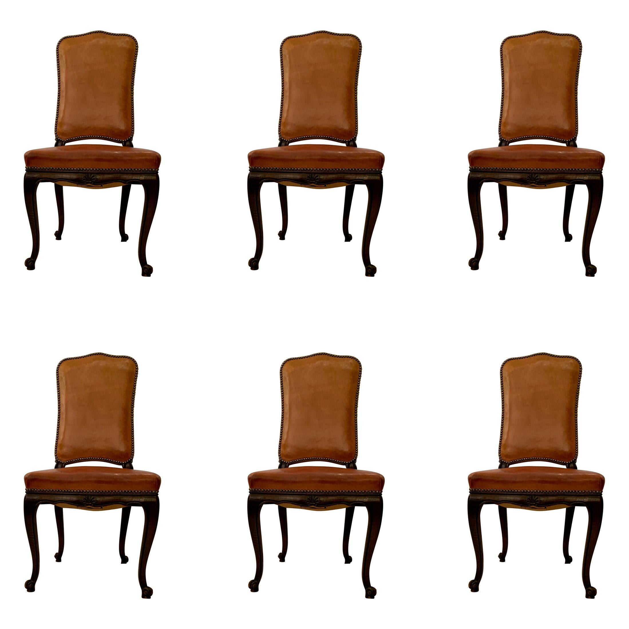 Set of 6 Antique Leather Dining Chairs with Grommets, Circa 1890-1910