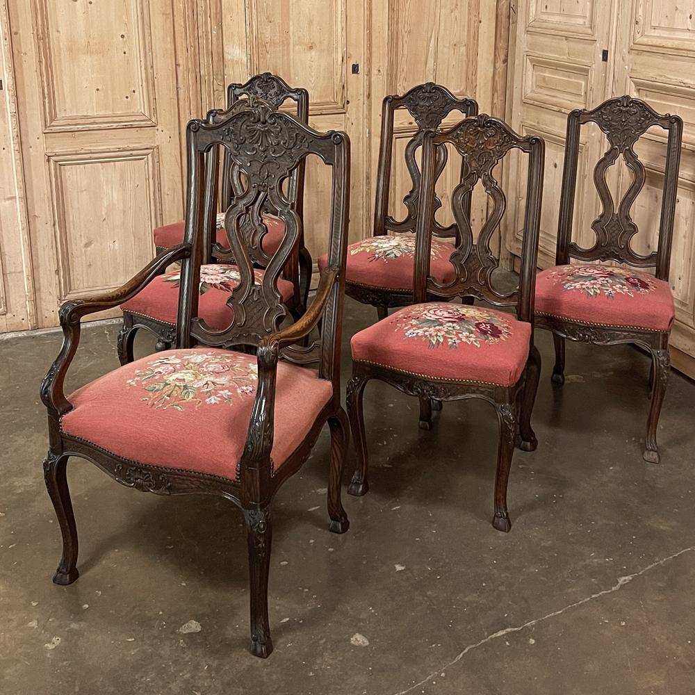 Louis XIV Set of 6 Antique Liegeoise Needlepoint Dining Chairs For Sale