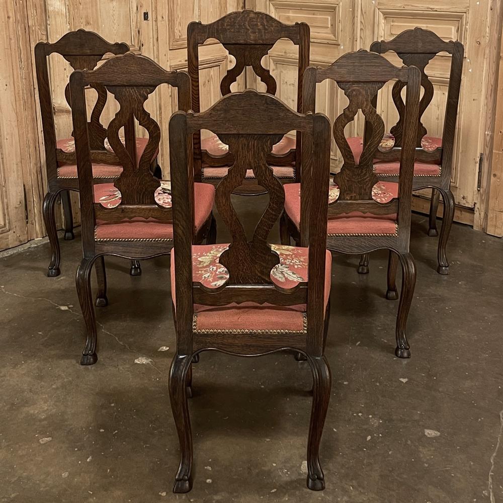 Hand-Carved Set of 6 Antique Liegeoise Needlepoint Dining Chairs For Sale
