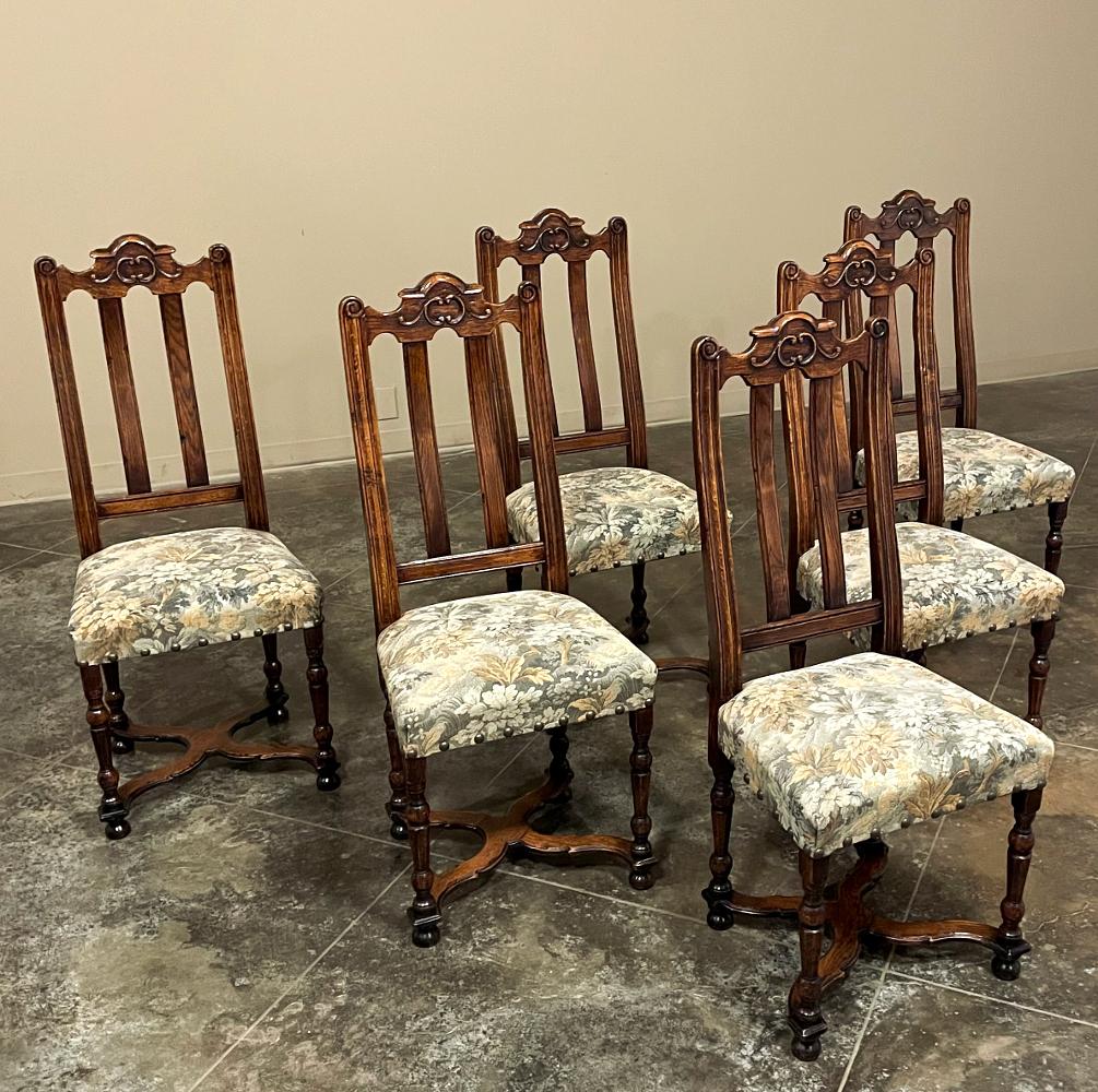 Set of 6 Antique Liegoise Louis XIV Dining Chairs combine timeless styling with expert craftsmanship and surprising comfort, all in one!  The ergonomically shaped seat backs were made with vertical slats and contoured to fit the human form