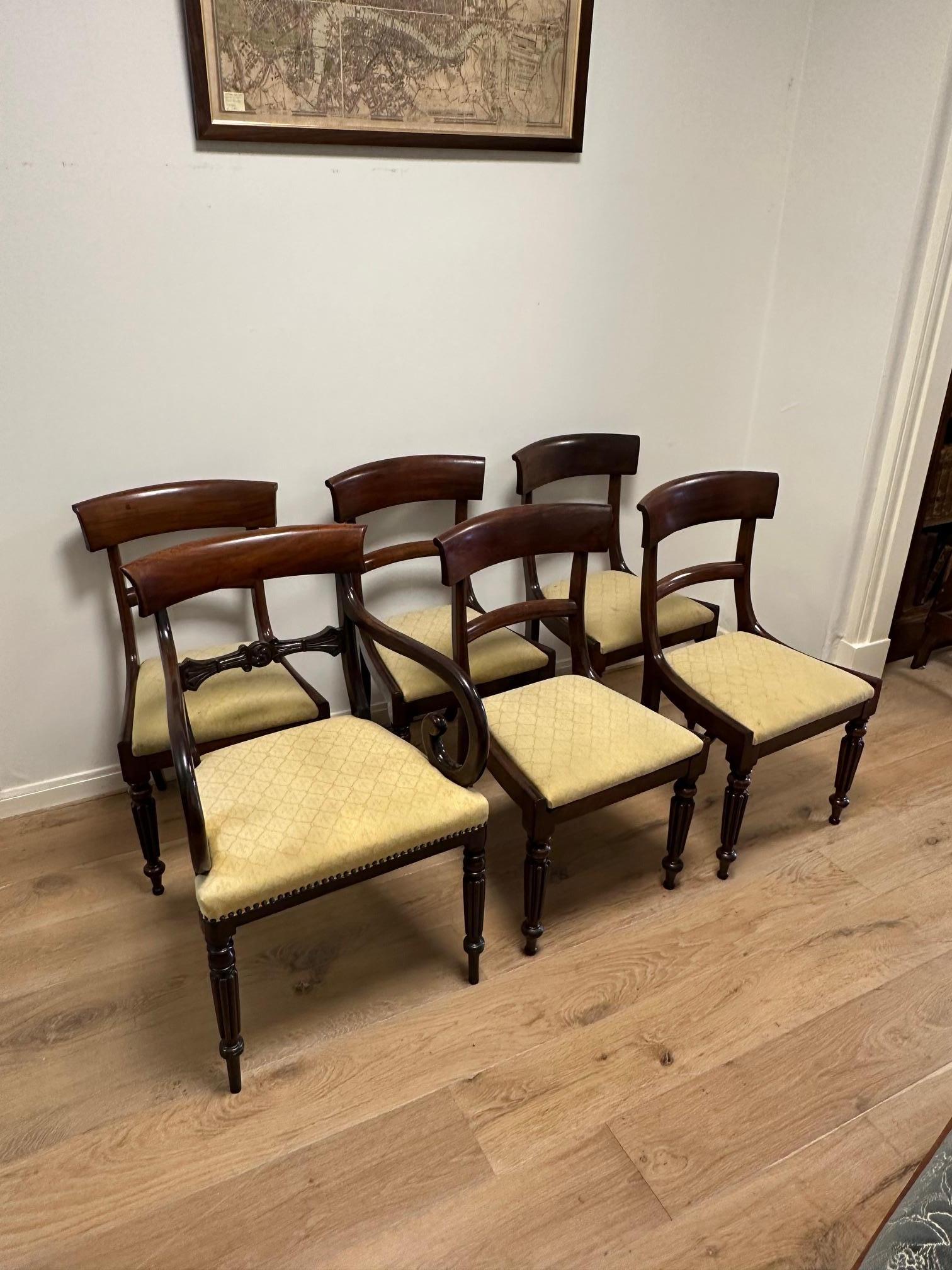 Beautiful set of 6 antique mahogany Victorian dining chairs in very good, original condition. Five are normal ones and one is with armrests. The upholstery is used.

Origin: England
Period: Circa 1840
Wood: Mahogany
Dimensions: 44cm x D.50cm x