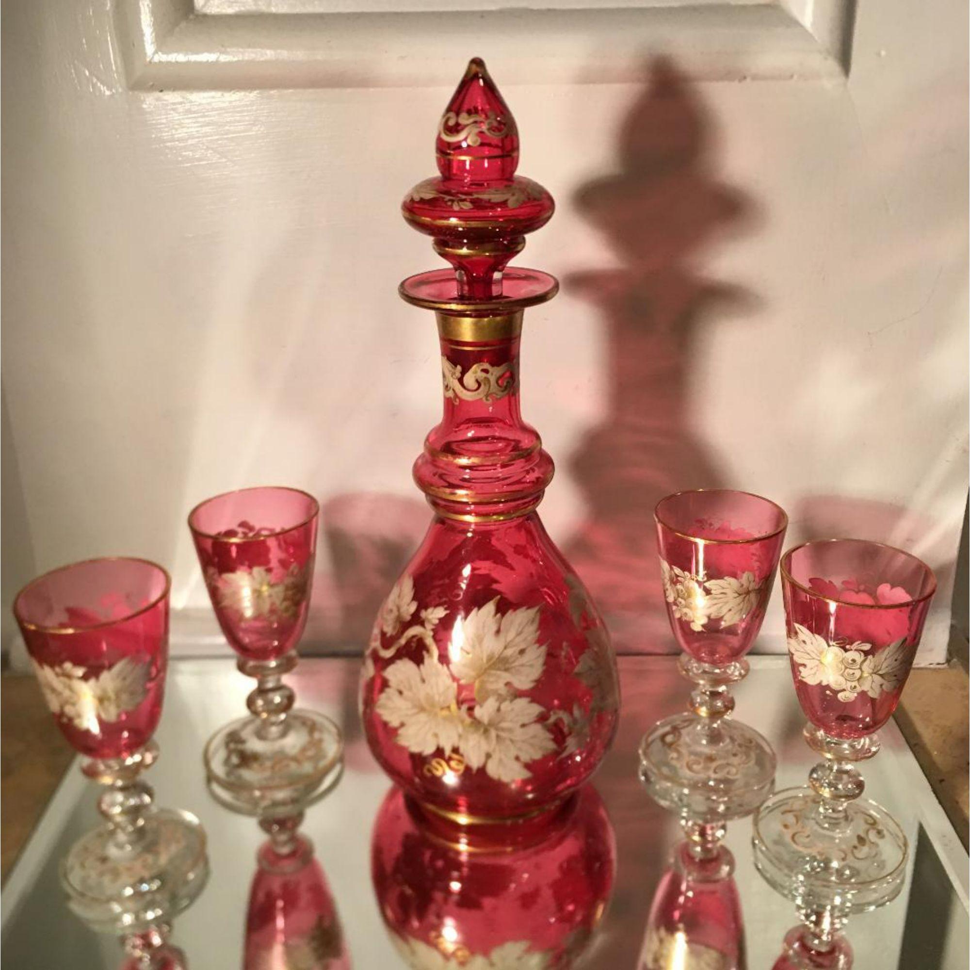 Victorian Set of 6 Antique Moser Cranberry Enamel Glass Cordial Decanter & Cocktail Stem