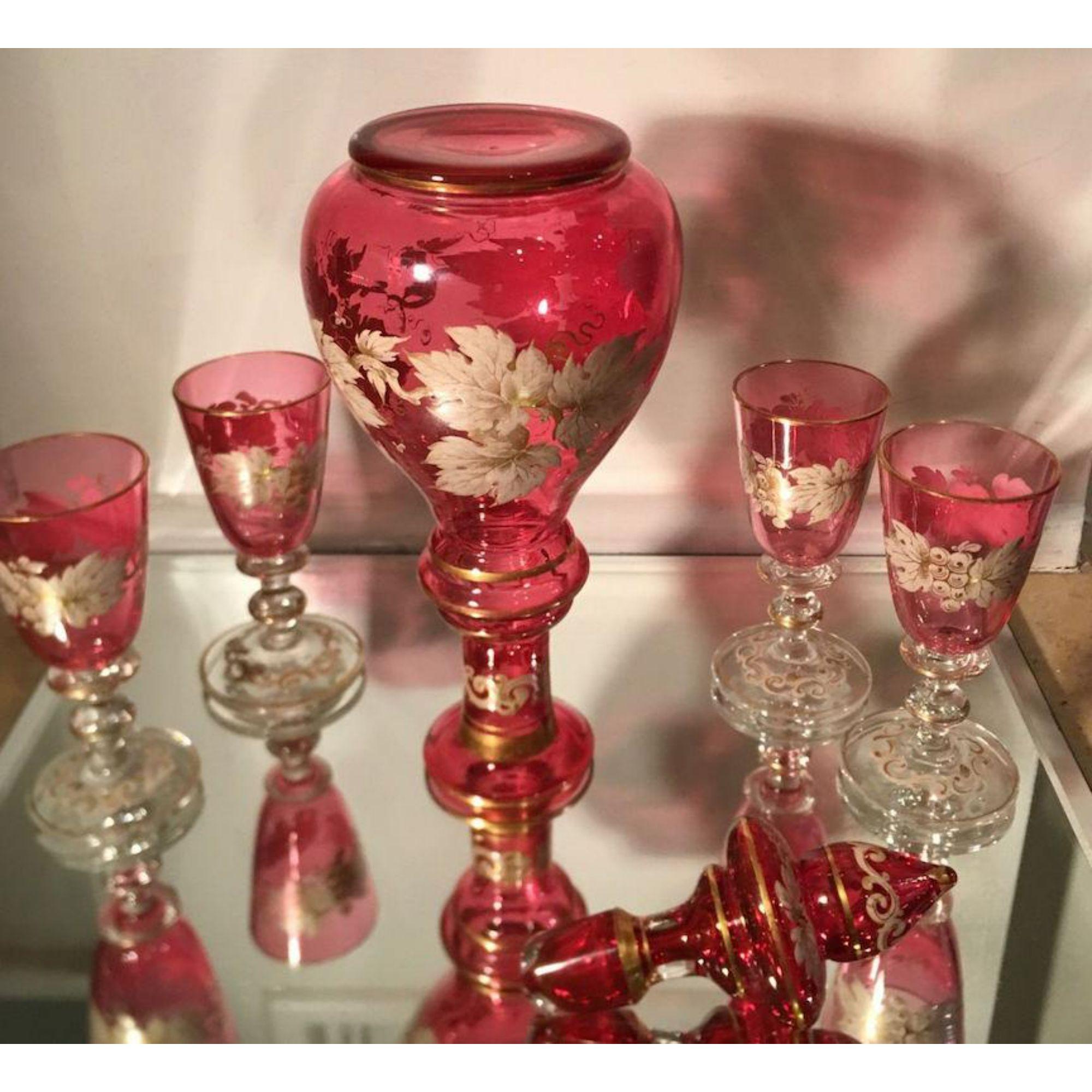 Austrian Set of 6 Antique Moser Cranberry Enamel Glass Cordial Decanter & Cocktail Stem