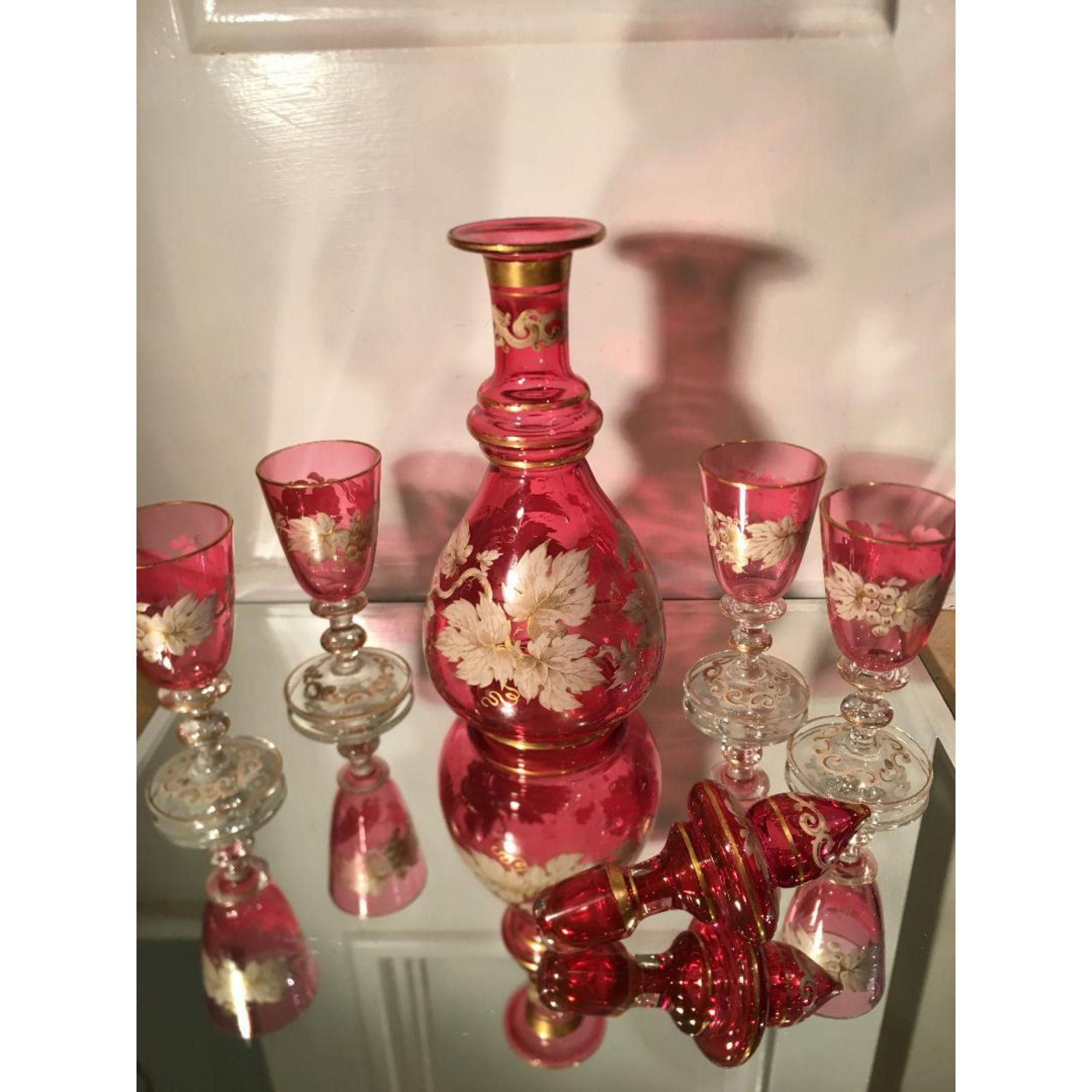 Set of 6 Antique Moser Cranberry Enamel Glass Cordial Decanter & Cocktail Stem In Excellent Condition In LOS ANGELES, CA