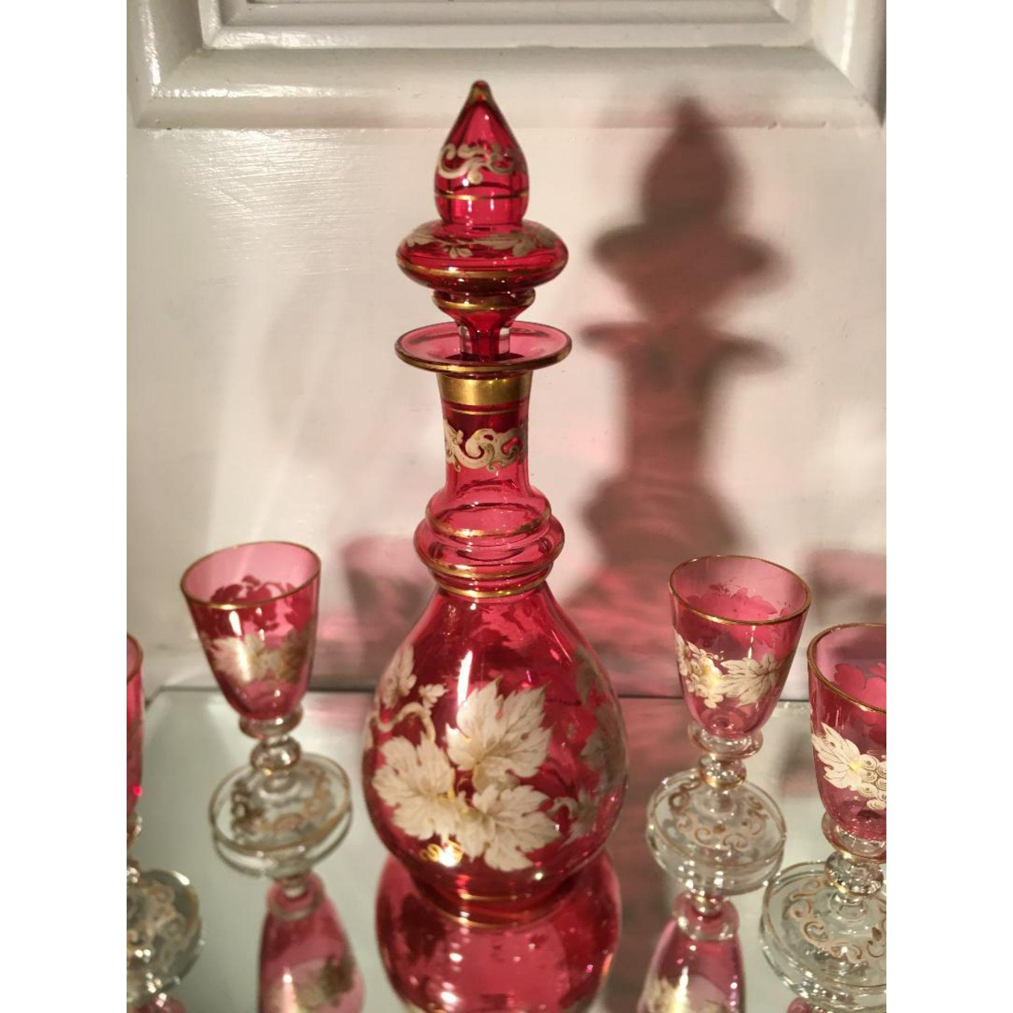 19th Century Set of 6 Antique Moser Cranberry Enamel Glass Cordial Decanter & Cocktail Stem