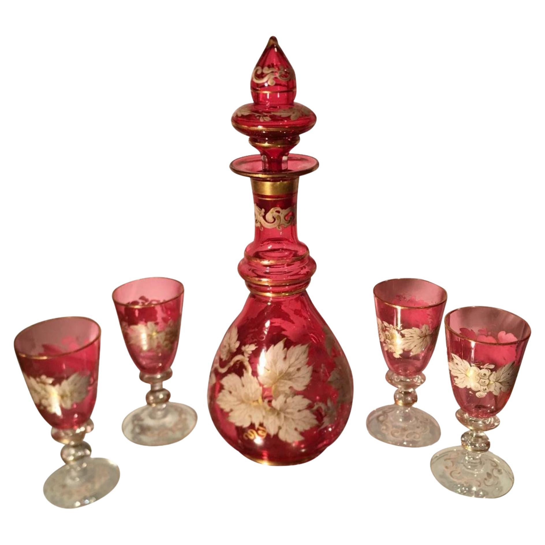 Set of 6 Antique Moser Cranberry Enamel Glass Cordial Decanter & Cocktail Stem