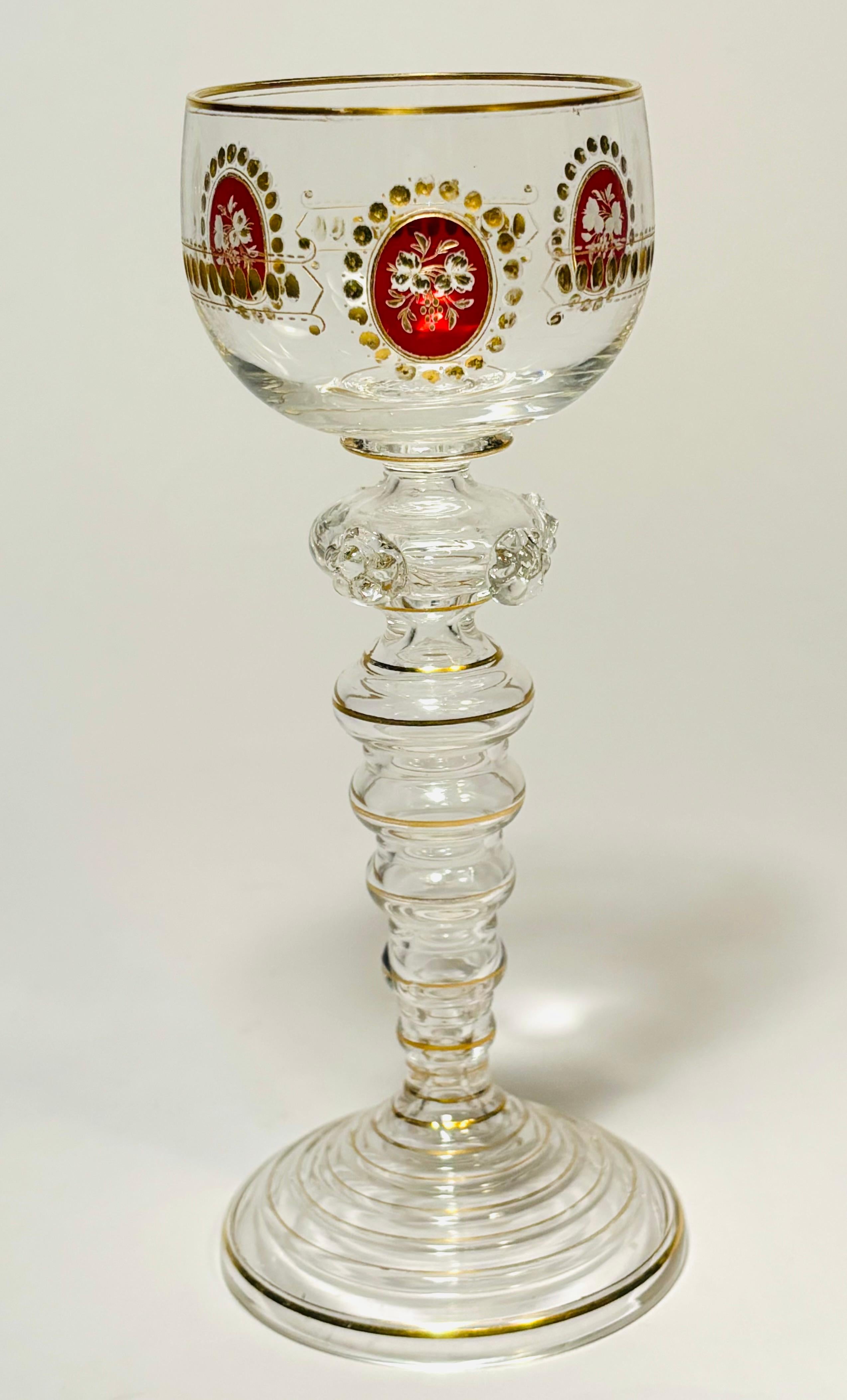 Czech Set of 6 Antique Moser Wine Goblets, Ruby Cartouches With Gilding. Circa 1880 For Sale