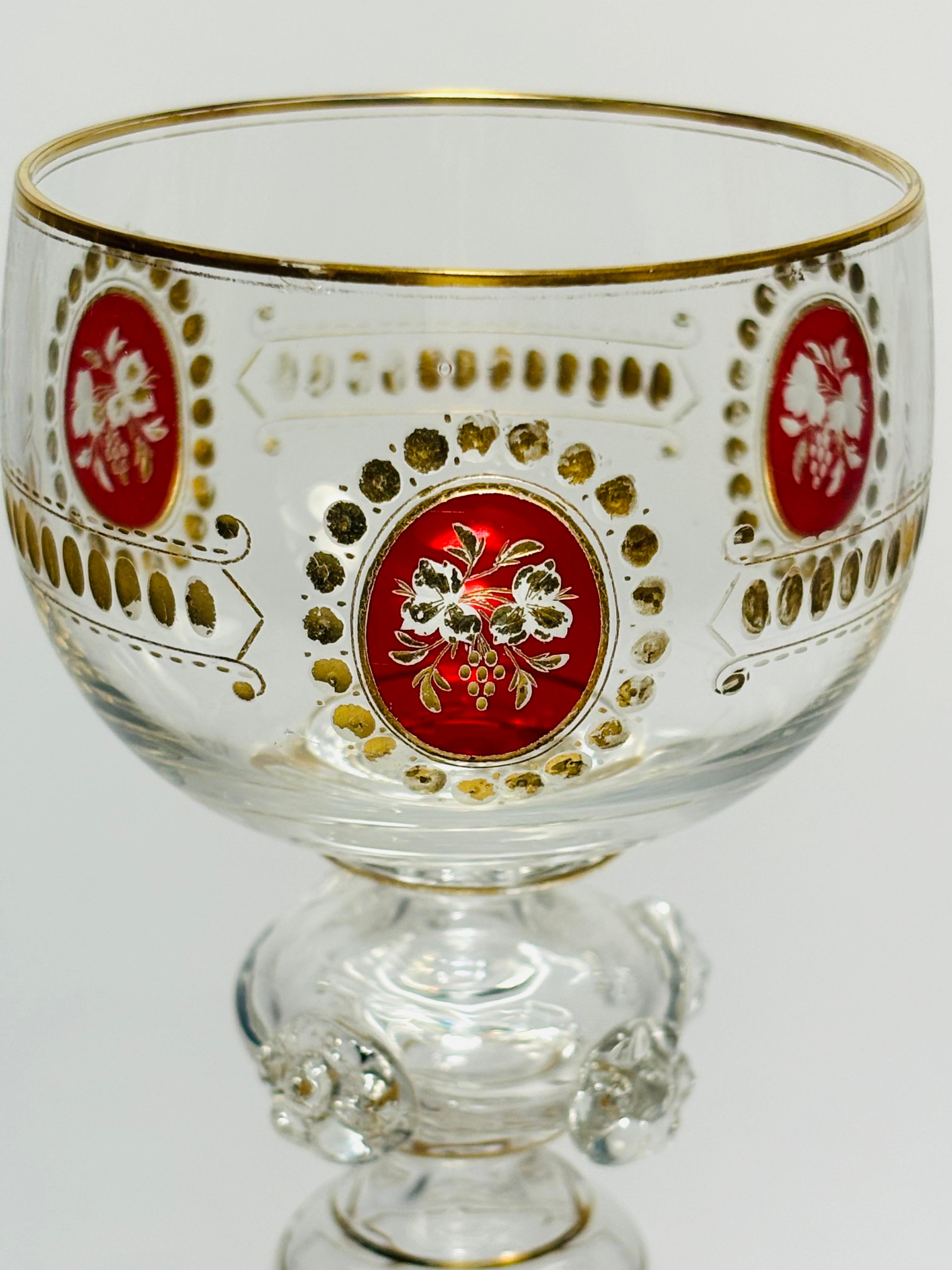 Crystal Set of 6 Antique Moser Wine Goblets, Ruby Cartouches With Gilding. Circa 1880 For Sale