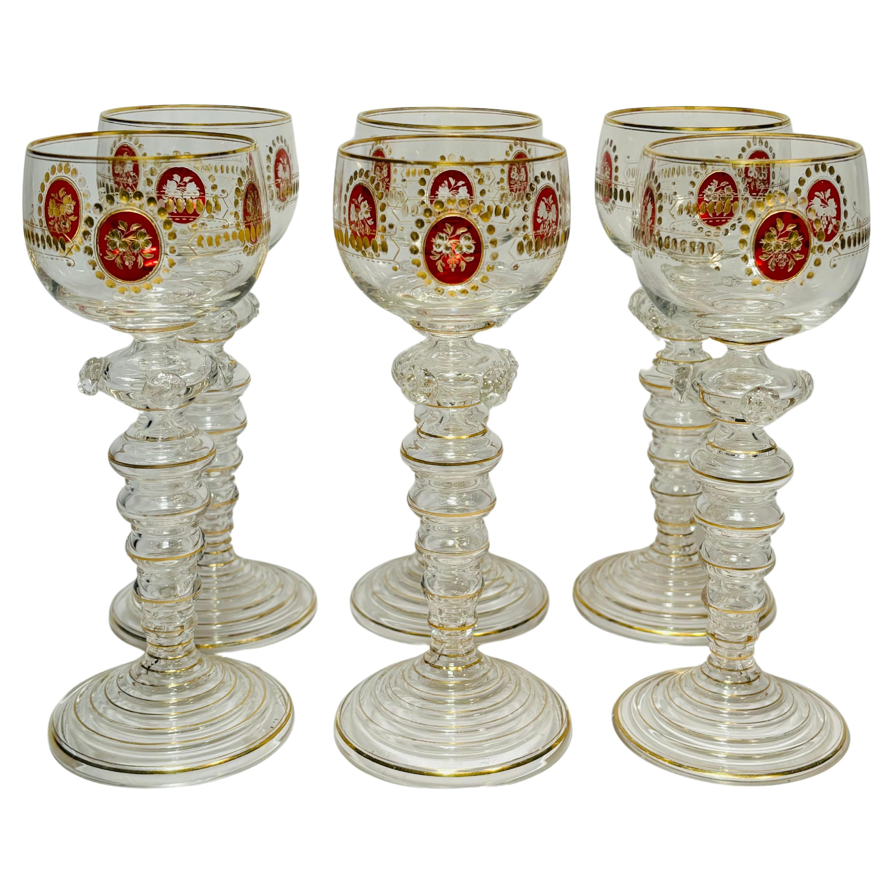 Set of 6 Antique Moser Wine Goblets, Ruby Cartouches With Gilding. Circa 1880