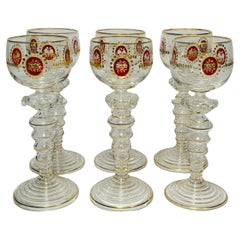 Set of 6 Antique Moser Wine Goblets, Ruby Cartouches With Gilding. Circa 1880