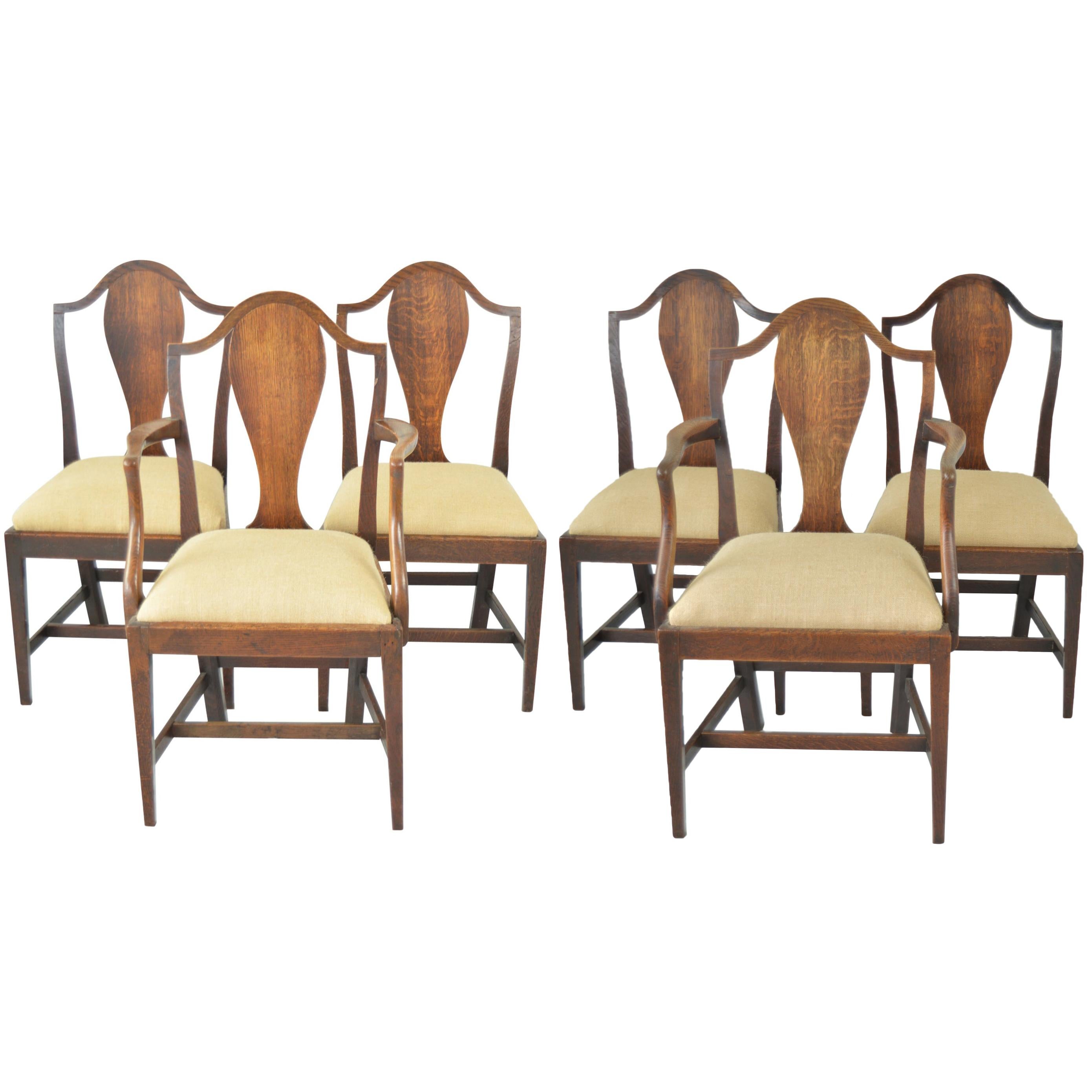 Set of 6 Antique Oak Country Hepplewhite Chairs, English, 18th Century