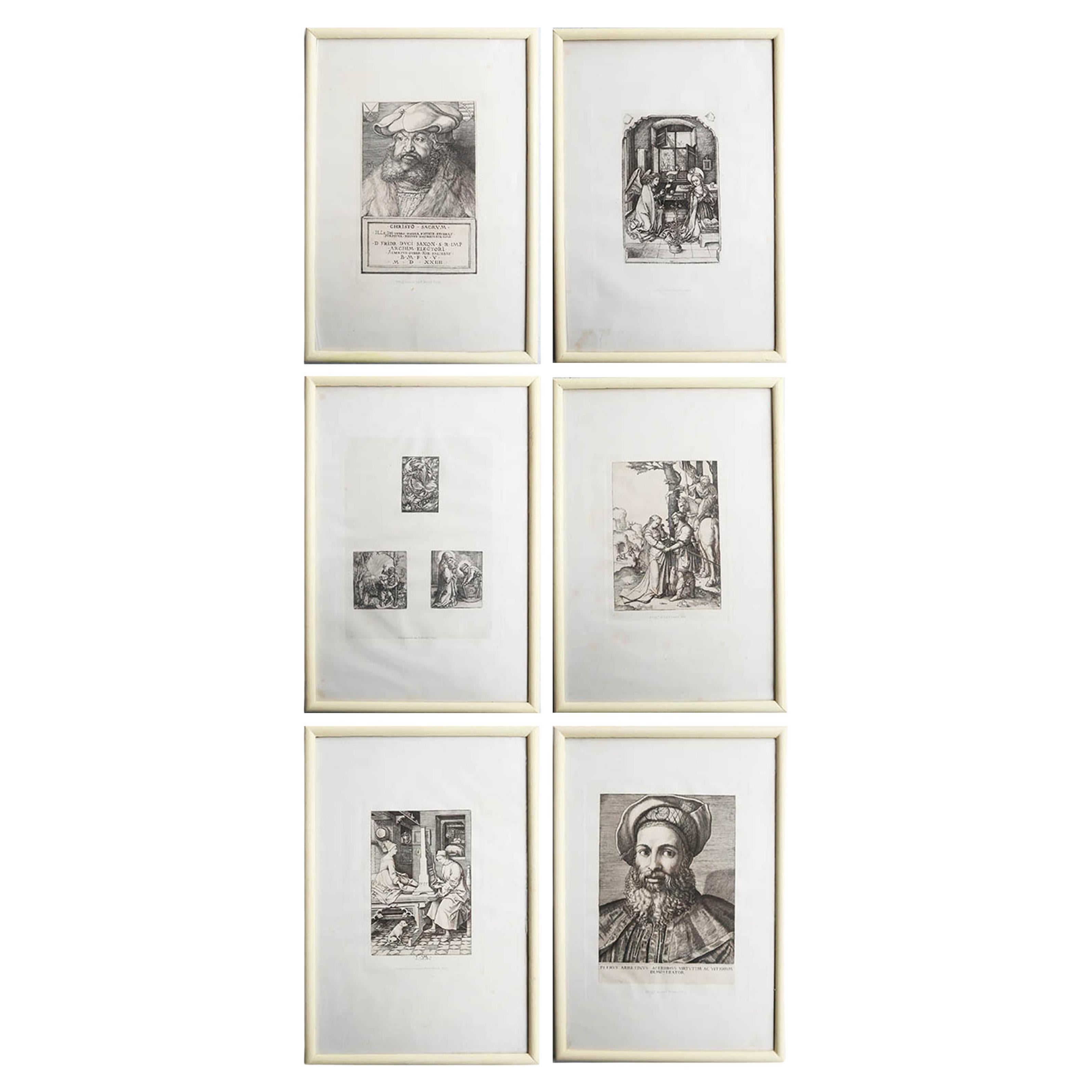 Set von 6 antiken Drucken alter Meister in cremefarbenen Rahmen. Französisch, um 1860 im Angebot